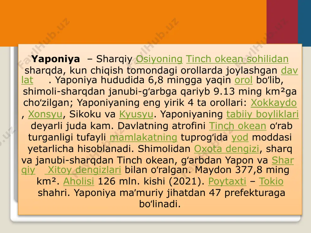tekisliklar sohil boʻylab ayrim qismlarda joylashgan. hokkaydo oroldagi togʻtizmalarning baʼzi choʻqqilari 2000 m dan oshadi (asahi choʻqqisi – 2290 m). honshu orolning shimoliy qismida 3 ta boʻylama togʻ tizmalari boʻlib, ular vodiy va soyliklar bilan boʻlingan; orolda bir qancha vulqon, jumladan, yaponiyadagi eng baland vulqon – fudziyama (bal. 3776 m) qad koʻtargan. honshu orolning markaziy qismidagi tizmalarning choʻqqilari alp relyeflari va yilning koʻp qismida qor bilan qoplanib turadi. shikoku orolning eng baland joyi 1981 m (ishizuchi choʻqqisi), kyushu orolniki 1788 m (kuju vulqoni). yaponiya hududi kuchli seysmik zonada joylashgan (1855, 1891, 1897, 1923, 1995-yillarda falokatli zilzilalar boʻlgan). yaponiyadagi 150 vulqondan 40 tachasi soʻnmagan. vulqoni rayonlarda mineral va termal buloklar koʻp. 26 mingdan ortiq issiq suv manbalari bor. aholisi aholisining 99% dan koʻpi yaponlar. xokkaydo orolda mamlakatning eng qadimiy aholisi – aynular (50 ming kishi atrofida) saqlanib qolgan. shuningdek, koreys, xitoy va boshqalar yashaydi. rasmiy til – yapon tili. asosiy dinlari …