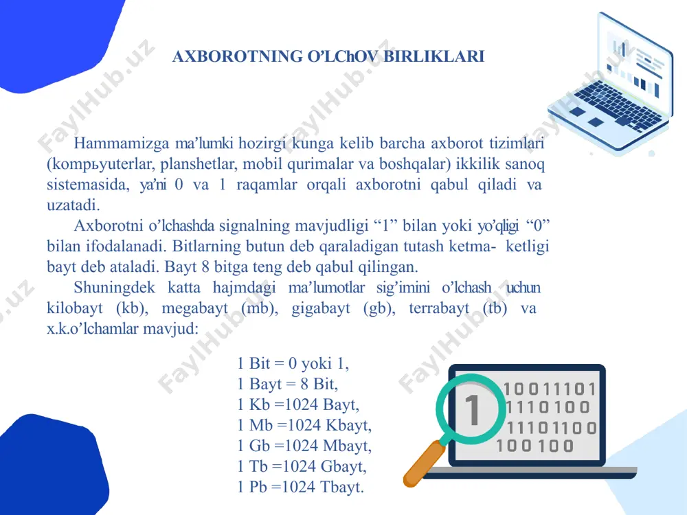 nologiyalari taraqqiy etgan. uning vositasi pero, siyoxdon, kitob. kommunikatsiya yaʼni aloqa odamdan – odamga yoki pochta orqali xat vositasida amalga oshirilgan. – bosqich. xix asirning oxiri, unda «mexanik» texnologiya rivoj topgan. uning asosiy vositasi yozuv mashinkasi, arifmometr kabilardan iborat. – bosqich. xx asirning boshlariga mansub boʼlib, «elektromexanik» texnologiyalar bilan farq qiladi. uning asosiy vositasi sifatida telegraf va telefonlardan foydalanilgan. – bosqich. xx asir oʼrtalariga toʼgʼri kelib, «elektron» texnologiyalar qoʼllanilishi bilan belgilanadi. bu texnologiyaning asosiy vositasi ehmlar va ularning asosida tashkil etiladigan avtomatlashtirilgan boshqarish tizimlari va axborot izlash tizimlaridir. – bosqich. xx asirning oxiriga toʼgʼri keladi. bu bosqichda kompyuter texnologiyalari taraqqiy etdi. ularning asosiy vositasi turli maqsadlarga moʼljallangan turli dasturiy vositalarga ega boʼlgan shaxsiy kompyuterlardir. jаmiyatni аxborotlаshtirish jamiyatni axborotlashtirish deganda, axborotdan iqtisodni rivojlantirish, mamlakat fan-taxnika taraqqiyotini, jamiyatni demokratlashtirish va intellektuallashtirish sifatida foydalanish jarayonlarini jadallashtirishni taʼminlaydigan jamiyat boyligi tushuniladi. darxaqiqat, jamiyatni axborotlashtirish - inson hayotining barcha jabxalarida intellektual faoliyatning rolini oshirish bilan …