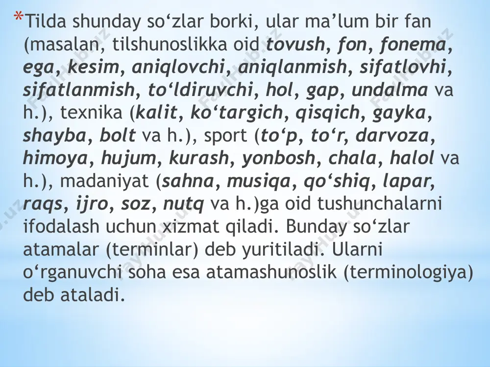 rning muqobil variantini tanlash ishlarini olib boradi. 8. tarixiy terminologiya 9. funksional terminologiya 10. kognetiv (yoki gnoseologik) terminologiya e’tiboringiz uchun rahmat! /docprops/thumbnail.jpeg