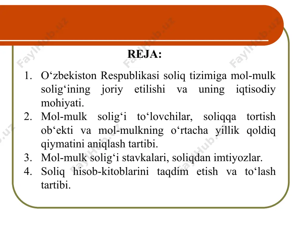 il 2013 yil 2014 yil 2015 yil davlat maqsadli jamg'armalarsiz daromadlar - jami 100 100 100 100 100 mol-mulk solig'i va resurs to'lovlari 15,1 14,3 13,3 15,0 15,0 mol-mulk solig'i 2,7 3,0 3,1 3,3 3,8 mol-mulk solig‘i to‘lovhilar yuridik shaxslarning mol-mulkiga solinadigan soliqni to'lovchilar quyidagilardir: -o'zbekiston respublikasi hududida soliq solinadigan mol-mulkka ega bo'lgan yuridik shaxslar - o'zbekiston respublikasining rezidentlari; -o'zbekiston respublikasida faoliyatni doimiy muassasa orqali amalga oshirayotgan va (yoki) o'zbekiston respublikasi hududida o'z mulkida ko'chmas mulkka ega bo'lgan yuridik shaxslar - o'zbekiston respublikasining norezidentlaridir. quyidagilar mol-mulk solig'ini to'lovchilar bo'lmaydi: - notijorat tashkilotlar. notijorat tashkilotlar tadbirkorlik faoliyatini amalga oshirgan taqdirda, ular yuridik shaxslarning mol-mulkiga solinadigan soliqni to'lovchilardir; - soliq solishning soddalashtirilgan tartibi nazarda tutilgan yuridik shaxslar. mol-mulk solig‘i to‘lovhilar mol-mulk solig‘i ob‘ekti quyidagi mol-mulklar soliq solish ob'ekti hisoblanadi: -asosiy vositalar, shu jumladan moliyaviy ijara (lizing) shartnomasi bo'yicha olingan asosiy vositalar; mol-mulk solig‘i ob‘ekti quyidagi mol-mulk soliq solish ob'ektidir: -tugallanmagan qurilish ob'ektlari …