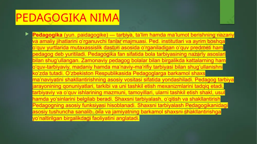umumiy metodika vazifasini bajaradi. pedagogika mohiyati pedagogika fanining predmeti, oʻqitishning taʼlim-tarbiyaning zamonaviy qonuniyatlari, mazmuni, usullari, vositalari bilan kishilarni, yoshlarni, mutaxassislarni qurollantiruvchi fan boʻlganligi uchun uning metodologik asoslari maqsad va vazifalari dunyoning moddiy-maʼnaviy rivojida shaxs kamoloti uygʻunligi qonuniyatlari va davlatning zamonaviy siyosatidan kelib chiqadi. oʻzbekiston respublikasining taʼlim qonunida -taʼlim davlat ijtimoiy taraqqiyotida ustuvor deb belgilab qoʻyilgan. pedagogika fanining vazifalari sharq va g‘arbda yaratgan xalq og‘zaki ijodiyoti, pedagogikasi, mutafakkir, ma’rifatparvar, pedagog va olimlarning tarbiyashunoslikka doir ilg‘or g‘oyalarini o‘rganib, tahlil qilib, komil insonni tarbiyalash jarayonini o‘rganish; komil insonni tarkib toptirishning qonuniyat, qoida va zaruriy sifatlarini aniqlash; pedagogikadagi ta’lim – tarbiya nazariyasini hozirgi davr xususiy metodikasi bilan uzviylik muammolarini ishlab chiqish va yangi pedagogik texnologiyalar qonunlariga amal qilish; ta’lim – tarbiya nazariyasidagi qoida,qonun, tamoil,metod va usullarini maktab amaliy hayoti bilan bog‘lab,bo‘lajak o‘qituvchilarga o‘rgatish; xalq ta’limini boshqarish va raxbarlik masalarini chuqur o‘rganib bo‘lajak o‘qituvchilarni qanday tayyorlash muammolarini hal qilish. pedagogika fanining mazmuni, maqsadi,vazifalari, tamoil, usul …