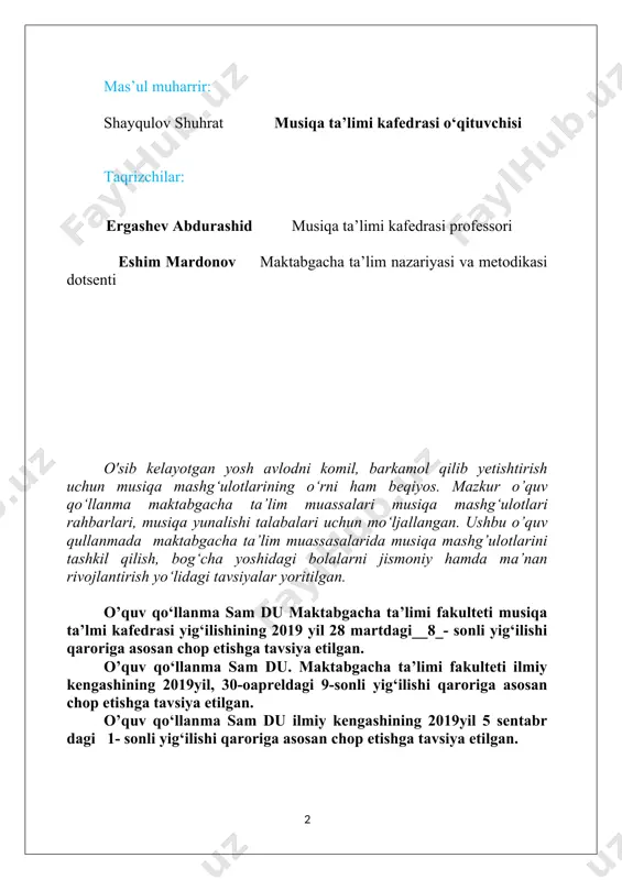 0 mingdan ortiq davlat va xususiy maktabgacha ta’lim muassasalari faoliyat olib olib borayapti. maktabgacha ta’lim sohasi uzluksiz ta’lim tizimining birlamchi bug’ini hisoblanib u har tomonlama sog’lom va barkamol bola shaxsini tarbiyalash va maktabga tayyorlashda muhim ahamiyat kasb etadi. shu bois o'zbbekiston respublikasi prezidentining “maktabgacha ta’lim tizimini tubdan takomillashtirish chora tadbirlari to’g’risida ” gi 2017 yil 9-sentabrdagi pq-3261, hamda 2017 yil 30-sentabrda uzluksiz ta’lim tizimining muhim bo’g’ini bo’lgan maktabgacha ta’lim tizimini yanada takomillashtirish, samarali davlat boshqaruv tizimini yaratish, maktabgacha ta’lim muassasalari davlat nodavlat tarmog’ini kengaytirish, moddiy-texnika bazasini mustahkamlash, ularni malakali pedagog kadrlar bilan ta’minlash, maktabgacha ta’lim muassasalariga bolalarni qamrab olishni keskin oshirish, ta’lim-tarbiya jarayonlariga zamonaviy ta’lim dasturlari va texnologiyalarni tadbiq etish oraqli bolalarni har tomonlama intelektual, ma’naviy-estetik jismoniy rivojlantirish hamda ularni maktabga tayyorlsh sifatini tubdan yaxshialsh maqsadida farmoishi qabul qilindi. maktabgacha ta’lim muassasalarida musiqa mashg’ulotlarinig ahamiyati beqiyosdir. bo‘lajak musiqa mutaxassislari yosh avlod ongiga yuksak tuyg‘ularni singdirish, ularda ona vatanga muhabbat, go‘zallikka …
