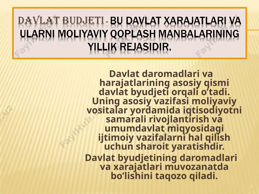 akomillashtirish ham muhim ahamiyat kasb etadi. bunda soliq tizimini o’ziga hos vazifalarini – xazinani to’ldirish, qayta taqsimash va rag’batlantirish darajalarini to’la darajada bajarish zarur. * soliqlarning vazifasi xazinani to’ldirish rag’batlantirish davlat byudjeti daromad qismining eng muhim umumdavlat, xalq xo’jaligi vazifalarini xal etish uchun zarur bo’lgan miqdorda shakllanishini ta’minlashga qaratilishi lozim yammning bir qismini qayta taqsimlash va shu orqali iqtisodiyot tuzilishini o’zgartirish , aholini ijtimoiy himoyalash kafolatini ta’minlashda bevosita ishtirok etishdan iborat ishlab chiqarishni rivojlantirishga, moddiy hom ashyo, moliyaviy va mehnat resurslaridan samarali foydalanishga rag’batlantiruvchi ta’sir ko’rsatishdir * qayta taqsimlash korxona zimmasidagi soliq yukini kamaytirish resurslar, mol-mulk soligining rolini oshirish jismiy shaxslardan soliq undirishning progressiv tizimini joriy etish respublika ahamiyatiga ega bo’lgan soliqlar bilan mahalliy soliq o’rtasidagi aniq chegarani belgilash * å = = pn dn p n k x soliqyuki / / å å = yaim n k soliqyuki /