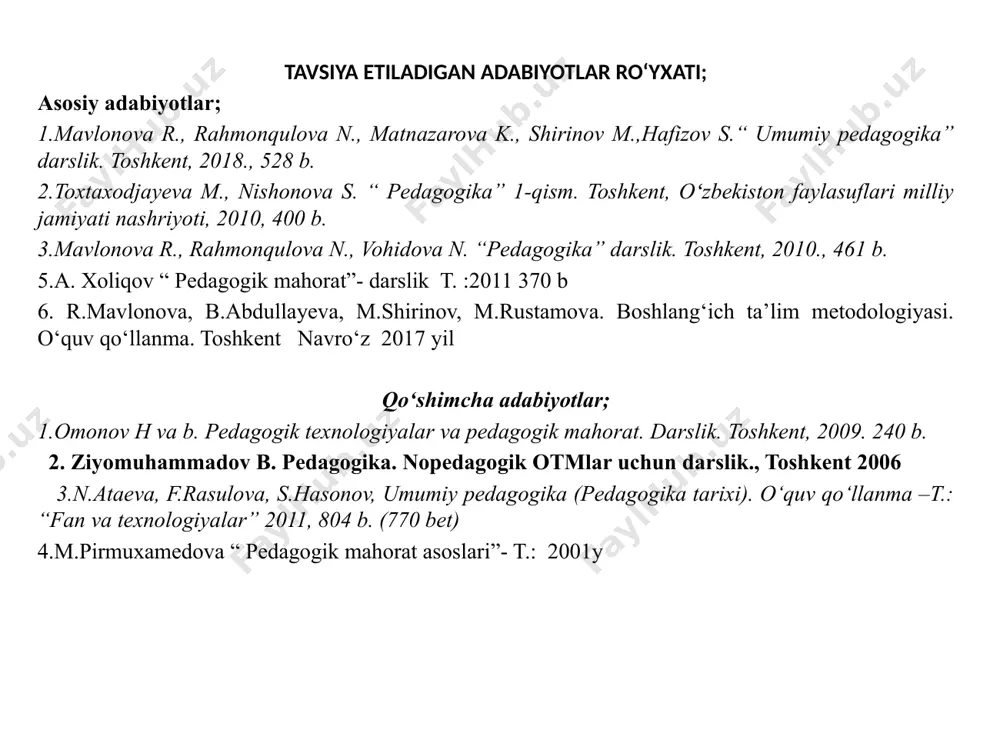 hakllantira olsa, ammo kichik xatolarga yo‘l qo‘ysa, unda “v”, “s+”, “s” baholari qo‘yiladi. agar talaba asosiy material haqida bilimga ega bo‘lsa, lekin uning tafsilotlarini puxta o‘zlashtirmagan bo‘lsa, noaniqliklarga yo‘l qo‘ysa, javob berishda yetarli darajada to‘liq ma’lumotlar bermasa, materialni taqdim etishda mantiqiy ketma-ketlikni buzsa, muloqot jarayonida qiyinchiliklarga duch kelsa, unda “d+”, “d” baholari qo‘yiladi. agar talaba savolning mohiyati to‘g‘risida tasavvurga ega bo‘lmasa, savollarga javob bermasa, muloqot jarayonida qatnashmasa, unda “f” (fail) bahosi qo‘yiladi. noma’lum sabablarga ko‘ra umumiy soatlarning 20% dan ortig‘ini o‘tkazib yuborgan talabalar yakuniy nazoratga kiritilmaydi. talabaning semestr davomida bajargan ishini baholashda quyidagilar hisobga olinadi: darslarga qatnashish; darslarda faol va samarali ishtirok etish; asosiy va qo‘shimcha adabiyotlarni o‘rganish; mustaqil ishlarni bajarish; barcha topshiriqlarni o‘z vaqtida topshirish. akademik odob –axloq va etika qoidalari plagiat va boshqa nomaqbul ishlarga yo‘l qo‘yilmaydi. tegishli testlarni, loyihalarni, mustaqil ishlarni, oraliq nazorat va yakuniy imtihonni topshirish jarayonida aytib turish va ko‘chirish, boshqa shaxslar tomonidan yechilgan masalalarni …