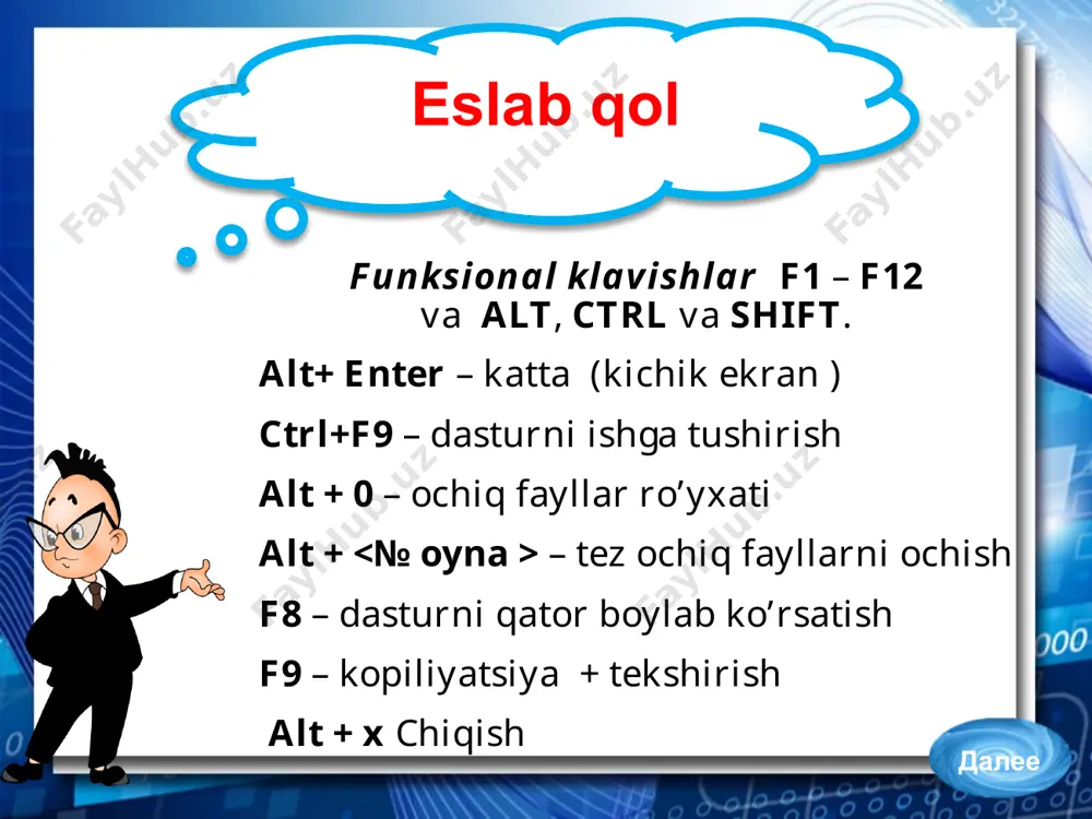 sonning butun qismi 10 div 3=3; 2 div 3=0; mod — sonning qoliq qismi . 11 mod 5 = 1; 14 mod 5 = 4; haqiqiy sonlar ustida mashqlar kasr qismi frac(5.67)=0.67 butun qismi int(5.67)=5.0e+00 butungacha yaxlitlash round(5.67)=6 butun qismi trunc(5.67)=5 eslab qoling dastur nomi lotin harflardan tuziladi probellar yozilmaydi tarkibida bo'lishi mumkin lotin harflari raqamlar (ikkinchi pozitsiyadan boshlab) pastki chiziq (bo'shliqlar o'rniga) 9 eslab qoling modul qo'shimcha operatorlar, standart protseduralar va funksiyalarni kiritish orqali dasturlarning imkoniyatlarini kengaytiradi. standart modullarni qo'shishga misol: uses crt, dos, graph, printer. crt plagin nomi berilgan. matn ekranini tozalash. tugmachani kutish o’zlashtirish operatori write va writeln: chiqarish operator turi : write (‘chiqarish po’yxati’); writeln (‘chiqarish po’yxati’); operatorlarning yagona farqi shundaki, writeln kursorni yangi satr boshiga siljitadi, 1- misol writeln(‘men 16 yoshdaman'); ekranda : men 16 yoshdaman a:=11; writeln(men', а,' sinfda o’qiyman'); ekranda : men 11 sinfda o’qiyman х:=3;у:=6; writeln(х+у,‘so’m '); ekranda : 9 so’m eslab …