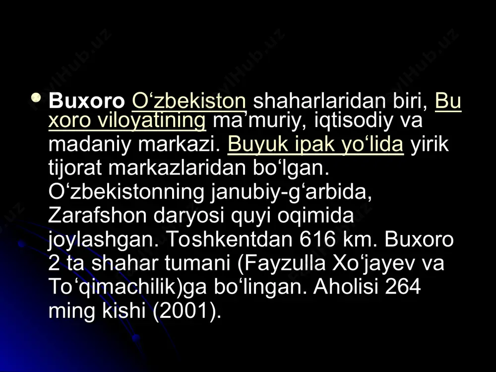 arini topib oʻrgandilar shu bois bu madaniyat fanda zamonbobo madaniyati deb ataldi. miloddan avvalgi 1-ming yillikda buxoro vohasida astasekin sunʼiy sugʻorish tarmoqlari va mustahkamlangan qishloqlar vujudga kela boshlaydi. zarafshon daryosining kad. tarmogʻi — shoxrud boʻylaridagi dastlabki qishloqlarning, jumladan hoz. buxoro shahri oʻrnida boʻlgan qishloqning barpo boʻlishi aynan ana shu davrga toʻgʻri keladi. 70-yillarda buxoroning eski shahar qismida olib borilgan arxeologik qazishmalar natijasida buxoroni arxeologik jihatdan oʻrganish tarixida birinchi marta materik qatlamga qadar yetib borishga va madaniy qatlamlanish chuqurligi 20 m dan ortiq ekanligini aniqlashga muvaffaq boʻlindi. mir arab madrasasi yaqinidagi arxeologik qazishma chogʻida materik qatlam ustida toʻq jigarrang torf qatlami (40-70 sm) borligi, uning ichida esa yovvoyi va xonaki hayvonlar suyaklari qoldiqlari hamda sopol idish va buyumlar parchalari koʻp ekanligi maʼlum boʻldi. torf qatlami madrasa tomon tobora qalinlashib borib, bino ostiga kelganda qalinligi 7,5 m ga yetgan. bu esa qadimda buxoro hududidan zarafshon daryosi tarmoqlaridan biri — ilk oʻrta asr …