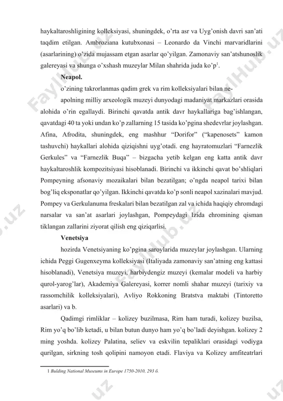 an tiklangan zallarini ziyorat qilish eng qiziqarlisi. venetsiya hozirda venetsiyaning ko’pgina saroylarida muzeylar joylashgan. ularning ichida peggi gugenxeyma kolleksiyasi (italiyada zamonaviy san’atning eng kattasi hisoblanadi), venetsiya muzeyi, harbiydengiz muzeyi (kemalar modeli va harbiy qurol-yarog’lar), akademiya galereyasi, korrer nomli shahar muzeyi (tarixiy va rassomchilik kolleksiyalari), avliyo rokkoning bratstva maktabi (tintoretto asarlari) va b. qadimgi rimliklar – kolizey buzilmasa, rim ham turadi, kolizey buzilsa, rim yo’q bo’lib ketadi, u bilan butun dunyo ham yo’q bo’ladi deyishgan. kolizey 2 ming yoshda. kolizey palatina, seliev va eskvilin tepaliklari orasidagi vodiyga qurilgan, sirkning tosh qolipini namoyon etadi. flaviya va kolizey amfiteatrlari rimning qadimdagi kuch-qudratining isboti va ramzi hisoblanadi. kolizey vaqt o’tganni sayin o’zining haybatini yo’qotib, bahaybat va ijodiy ruinalardan iborat bo’lib qoldi. barcha boshqa tarixiy inshootlar shoh amfiteatri oldida xira tortishadi, shuning uchun uning ulug’vorligini ovoza qilishgan. kolizey hamma vaqt bunday nomga ega emas edi. teatrni bunday nom bilan xviii asrda atay bashlashgan. kolizey nomi …
