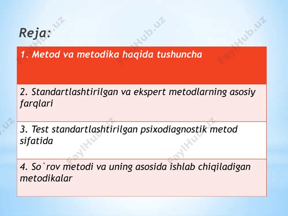 lchashda tadqiqot natijalarini obyektlashtirishga harakat qilamiz, tushunishda esa aksincha sinaluvchining xulq atvorini xususiy ma`naviy o`lchamlarda qayta ishlanadi. sharhlash metodlari butun bir psixologik tadqiqotda muhim rol o`ynaydi. bu metodlarning tadqiqotchi tomonidan egallanishi ilmiy dasturning muvaffaqiyatini belgilab beradi. e`tibor uchun tashakkur!!! bajardi: 32 -14 guruh talabasi berdiqulova mahbuba /docprops/thumbnail.jpeg