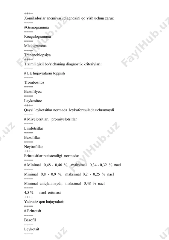 rangpar ==== gipesteziya ==== apatiya ++++ mikrosferotsitar anemiya diagnozi nimaga asoslangan: ==== # eritrotsitlar morfologik tekshirilishi ==== bioximiya ==== koagulogramma ==== geparin ++++ mikrosferotsitozga xarakterli: ==== #48 soatda 30-50% eritrotsitlar parchalanishi ==== teri rangparligi ==== autosplenektomiya ==== megalotsitlar ++++ talassemiyada qondagi o’zgarishlar ==== # nishonsimon eritrotsitlar, bazofil punktatsiya ==== o’roqsimon eritrotsitlar ==== mikrosferotsitlar ==== drepanotsitlar ++++ gemolitik krizlarga xarakterli: ==== # retikulotsitlar oshishi ==== eritroid o’siq aplaziyasi ==== bog’lanmagan bilirubin kamayishi ==== retikulotsitlar kamayishi ++++ hb - 90 g/l ; erit.-4, 0 x 10 *12 /l ; leyk. - 5, 0 x 10 *9/l ; tromb. - 290 x 10* 9 /l ; rang ko’rsatkich - 0, 6 ; soe 8 mm/ch ; leykoformula normada. eritrotsitlar morfologiyasi: anizotsitoz, poykilotsitoz, gipoxromiya ==== # temir defitsit anemiya ==== b12 defitsit anemiya ==== norma ==== gemolitik anemiya ++++ hb bo’yicha anemiya og’irlik darajasini sanab o’ting. ==== #anemiya 2 daraja (hb 90-71 g/l) ==== …