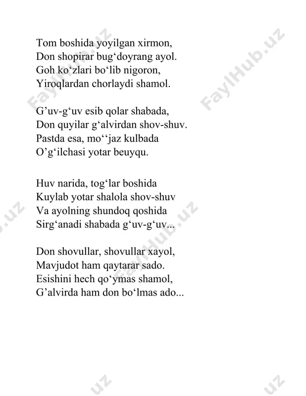 ey, tog‘dagi mag‘rur qush, sovuq toshga bossam to‘sh! huv darada bir qiz bor, yostig‘ining yarmi bo‘sh... cho‘qqidagi qoya tosh yolg‘izlikdan egar bosh. yakkalasa yomg‘irlar ko‘zlaridan to‘kar yosh. bog‘da ham bir tanho gul, tanholiqtsa a’lo gul, ko‘z yoshiga yuz yuvar, so‘ngsiz g‘amlarga mashg‘ul. sen yolg‘izsan, men - diqqat, ikkimizga yo‘q shafqat. o’rtamizda ovora – sarson bo‘ldi muhabbat... huv tog‘larga qor tushar, bog‘larda anor pishar. bir kun mening tog‘ qalbim sen bog‘ bilan topishar... image1.png