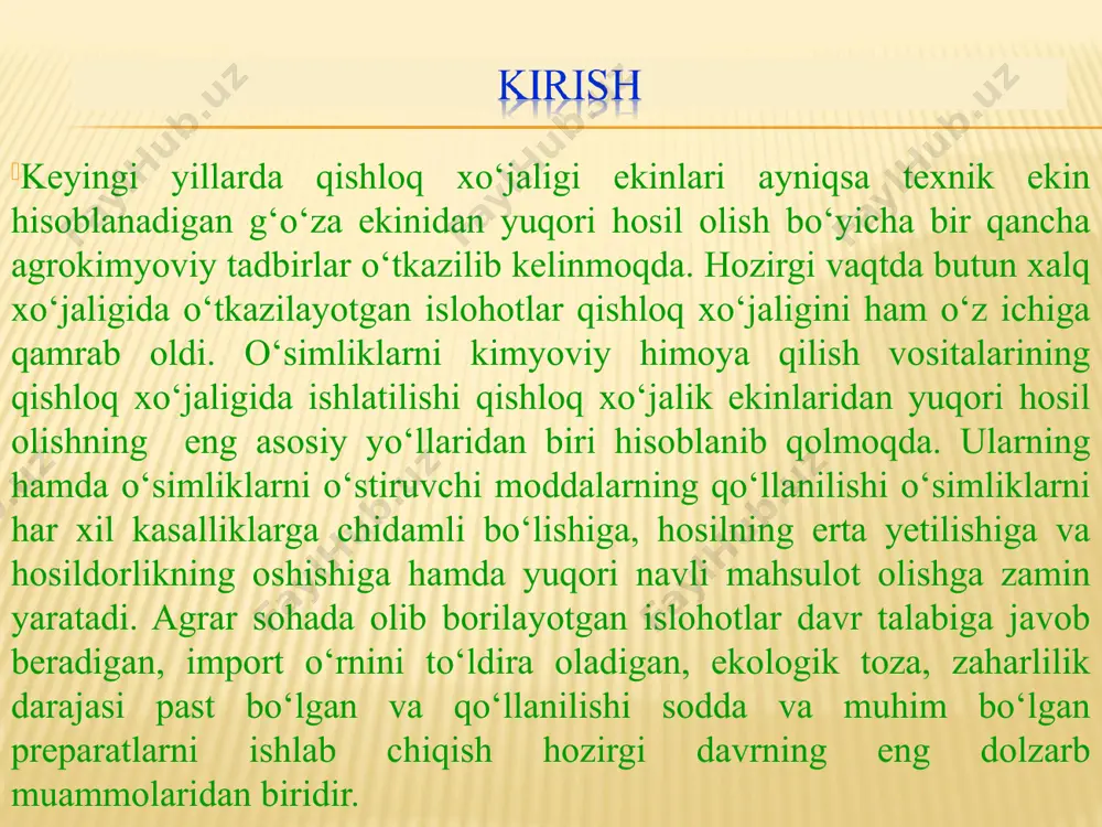 axta tolasini ishlab chiqarish respublika miqyosida yetakchi o‘rinlarni egallashini hisobga olib ushbu sohani rivojlantirishga, g‘o‘zadan yuqori hosil olish imkonini beruvchi agrotexnik tadbirlarni ishlab chiqish, mavjudlarini takomillashtirish ushbu loyihaning asosiy maqsadi hisoblanadi. * * * * * * e’tiboringiz uchun rahmat!