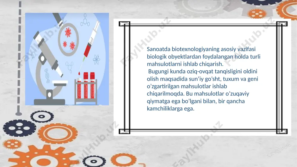 navlaridan to’qimachilik sanoatida keng qo’llaniladi. o’zbekiston seleksioner olimlari tomonidan g’alla ekinlarining zararkunandalarga chidamli, kam suv talab qiladigan serhosil ‘‘sangzor’’ va ,,ulug’bek 600’’ navlari diqqatga sazovot tibbiyotda esa biotexnologik usullar bilan turli xildagi gen kasalliklari davolanmoqda. masalan: gen terapiya va gen nakaut usullarida fenilketanuriya ( organizmda fenilalanil sintezi buzilishi) galoktozamiya (uglevod almashinuvini buzilishi) kabi struktur oqsil mutatsiyasi natijasida kelib chiqqan bir qancha gen kasalliklari davolanmoqda gen - oqsil sinteziga javobgar bo’lhan dnk dagi nukleotidlarning ma’lum bir qatori gen. genlar yeg’indisi - genom gen terapiya – oqsil sintezi buzilgan gen o’rniga normal genni yo’naltirish. gen nokaut – kasallik keltirib chiqarayotgan genni faoliyatini butunlay to’xtatish. ayni paytda farmatsevtika sanoatida biotexnolgik usullar yordamida 20dan ortiq dori vositalari va tabiiy dorivor vositalar olindi. masalan: viruslarga qarshi ishlatiladigan 3%li gossypol linimcnti, immunmodulyator- timoptin, qon to’xtatuvchi >, xlamidiyaga qarshi qo’llaniladigan dorivor vosita - > va boshqalarni keltirish mumkin. e’tiboringiz uchun rahmat! image1.jpg image2.jpg image3.jpg image4.jpg image5.jpg image6.jpg …