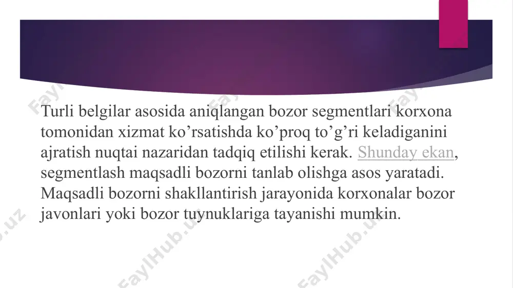 sektorga, bitta mahsulotga (bozorga) yoki ommaviy bozorga e'tibor berishlarini hal qiladilar. firma butun bozorni qamrab olishni tanlashi yoki asosiy bozorida bir yoki bir nechta aniq segmentlarga e'tibor qaratishni tanlashi mumkin. e’tiboringiz uchun rahmat !!! image1.jpeg /docprops/thumbnail.jpeg