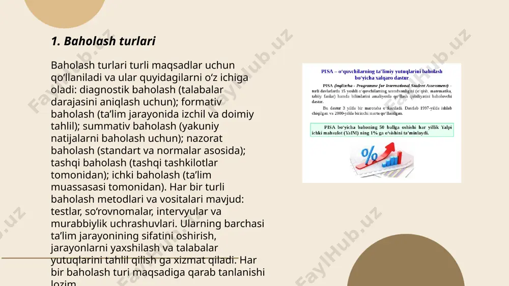 ksiyani ham o‘z ichiga oladi. portfoliolar orqali baholash ko‘pincha o‘qituvchi va talaba o‘rtasida 20-30% lik umumiy baholash mezoni asosida belgilanadi. maqsad talabaning real yutuqlarini taqdim etish va ularni o‘z-o‘zini baholash ko‘nikmalarini rivojlantirishdir. ... t.me/slaydai_bot oʻz-oʻzini baholash, shaxsning oʻz qobiliyatlari, muvaffaqiyatlari va qadriyatlarini tahlil qilish jarayonidir. statistik ma'lumotlarga koʻra, oʻz-oʻzini baholash darajasining pastligi odamning psixologik holatiga salbiy ta'sir qiladi, depressiya xavfini oshiradi. tadqiqotlar shuni koʻrsatadiki, yuqori oʻz-oʻzini baholash 60% hollarda insonlarni ishda va shaxsiy hayotda muvaffaqiyatga olib keladi. 80% psixologlar oʻz-oʻzini baholashni mustahkamlash uchun ijobiy mulohaza va meditatsiyani tavsiya etishadi. oʻz-oʻzini baholash jarayonida yuqori va past o'ziga baho berish o'rtasida muvozanat saqlash muhimdir. to'g'ri baholash insonning hayot sifatini yaxshilaydi. ... t.me/slaydai_bot 7. guruhli baholash 7. guruhli baholash usuli ta'lim jarayonida keng qo'llaniladi. bu usulda talabalar kichik guruhlarga ajratilib, bir-birlarining ishlarini baholaydilar. baholashda ishtirok etish orqali talabalar ko'nikmalarini rivojlantiradilar va o'zaro hamkorlik qilishni o'rganadilar. guruhdagi har bir a'zo ma'lum mezonlar asosida boshqa …