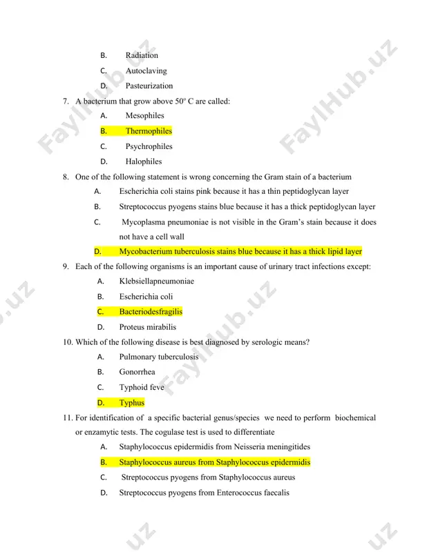 is best diagnosed by serologic means? a. pulmonary tuberculosis b. gonorrhea c. typhoid feve d. typhus 11. for identification of a specific bacterial genus/species we need to perform biochemical or enzamytic tests. the cogulase test is used to differentiate a. staphylococcus epidermidis from neisseria meningitides b. staphylococcus aureus from staphylococcus epidermidis c. streptococcus pyogens from staphylococcus aureus d. streptococcus pyogens from enterococcus faecalis 12. all activities are performed in a health center for dispatch of specimens to a microbiology laboratory except: a. make a smear of a specimen on the slide for gram staining b. collect the appropriate specimens and transport using transport media c. perform gram staining and send the stained slide for identification d. label and send the specimens to reach microbiology laboratory with in 6 hrs 13. the laboratory technologist reports that the venereal disease research laboratory (vdrl) test performed on the pregnant mother is reactive at …