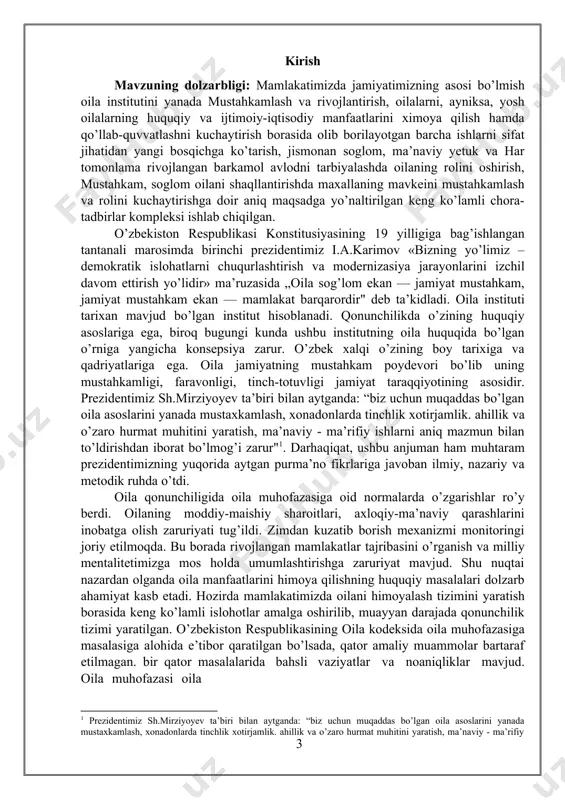 unosabatlarni chuqur ilmiy tahlil etish orqali huquqiy tartibga solish samaradorligini takomillashtirish zaruriyatini keltirib chiqaradi. bugungi kunda oila institutining nazariy asoslari zaifligi ko’zga tashlanmoqda. oilani muhofaza qilish institutining samaradorligini oshirish, uning normalarini amalga oshirish mexanizmini takomillashtirish zaruriyati mavjud. bu borada har tomonlama chuqur nazariy tadqiqotlar olib borish bugungi kunda dolzarbligicha qolmoqda. mavzuning maqsadi va vazifasi: oila muhofazasiga oid huquqiy munosabatlarni huquqiy tartibga solish tizimini tadqiq etish, bu borada hozirgi kunda mamlakatimizda mavjud bo’lgan muammolarni aniqlash va ularni bartaraf etishga qaratilgan sud-huquq tizimini va qonunchilikni takomillashtirish, huquqni qo’llash amaliyotini yaxshilash sohasidagi taqliflarni ishlab chiqish, tavsiya va xulosalar berish hamda ularni hayotga tatbiq etish yo’llarini asoslantirilgan holda ko’rsatib berishdan iborat. oilani muhofaza qilish bilan bog’liq tushunchalarga ilmiy-nazariy ta’rif berish va bunday tushunchalar o’rtasidagi farqni aniqlab olish; - oilani muhofaza qilish huquqiy asoslarini tarixiy rivojlanish bosqichlarini qiyosiy- huquqiy tahlil qilish; - oilani muhofaza qilish huquqiy jihatdan tahlil qilish; - oilani muhofaza qilishda davlat dasturlarining …