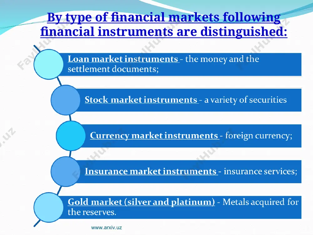 een cash inflows and cash outflows called in the project? net cash flow 8. stock options have been popular on the stock exchanges from the xviii century. warrants 9. risks in the financial market are divided into two groups: … and non-system system 10. by form of ownership, investments are divided into: public, private, foreign and … mixed 11. forwards, futures, swaps are… derivatives www.arxiv.uz www.arxiv.uz 1. what financial instruments confirm the direct property rights or debt? derivative financial instruments; direct financial instruments; primary financial instruments; privileged financial instruments. 2. debt security, which has stated time of period and fixed percentage of annual income for its owner called... shares; bonds; bill; forward. 3. which security confirms the obligation of the owner to buy or sell assets in the future at a predetermined price? shares; bonds; bill; forward. 4. financial instruments are as follows: refinancing rate of the central bank; cash, …