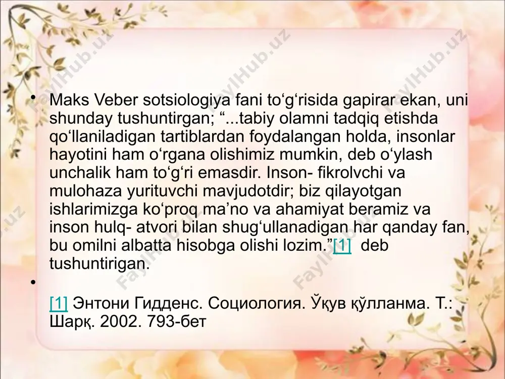giya – shaxsga ijtimoiy hayot qonuniyatlari orqali ijtimoiy muhitga ko‘nikma hosil qilishga (adaptatsiya) ko‘maklashadigan, shular bilan bir qatorda insonlar jamiyatini rivojlantirishda sotsial tashkilotlarning insonlarga mos, eng qulay variantini topishda va uni amalga oshirishda jismoniy, emotsional-psixologik va ma’naviy imkoniyatlarni ishga solishga yordam beradigan fandir. o. kont o‘zining pozitivistik ta’limotida sotsial munosabatlar muammolarini xuddi biologik hodisalar usuli bilan o‘rganish prinsiplarini keng targ‘ib qiladi. pozitivistik-naturalistik yo‘nalishning ashaddiy raqibi bo‘lgan fenomenologik sotsiologiya sotsial hayot va sotsial munosabatlarni bunday usulda talqin etganligi uchun o. kont va uning izdoshlarini keskin tanqid qiladi. image2.jpeg image1.jpeg