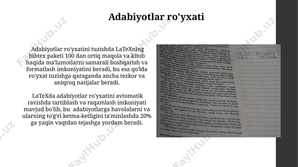 mkonini beradi. muhiti va paketlar `mathtools` paketi `amsmath` paketining kengaytmasi bo'lib, qo'shimcha 5 ta murakkab matematik tuzilmalarni, masalan, qavslar va chegaralarni avtomatik tarzda o'lchamini o'zgartirish funksiyalarini o'z ichiga oladi. muhiti matematik formulalarni yozish uchun 20 dan ortiq turli xil muhitlarni, masalan, `equation`, `align`, `gather` va boshqalarni taqdim etadi, ular har xil murakkablikdagi tenglamalarni formatlash imkonini beradi. matematik formulalarni yozish matritsa va vektorlarni ifodalash uchun latexda `\begin{matrix} ... \end{matrix}` yoki `\begin{bmatrix} ... \end{bmatrix}` kabi muhitlardan foydalanib, 3x3 yoki undan katta o'lchamli matritsalarni qulay tarzda yozish mumkin. latex da murakkab matematik ifodalarni, masalan, 2x² + 3x - 5 kabi kvadrat tenglamalarni va murakkab integrallarni yozish uchun maxsus buyruqlardan foydalaniladi. qo'shimcha maslahatlar latex'da murakkab tenglamalarni yozishda 2 dan ortiq qatorli muhitlardan, masalan, `align` yoki `equation` muhitlaridan foydalanib, raqamlashni aniq va tushunarli qilib qo'ying. matn ichidagi kichik formulalar uchun `$...$' belgilaridan, katta formulalar uchun esa `\[...\]` belgilaridan foydalaning. bu sizga formulalarni matn bilan birgalikda …