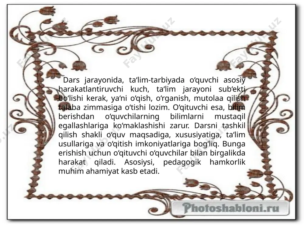 yo‘ldan bormoqda, ammo mustaqillik va kelajak sari intilayotgan jamiyatga bu yo‘l uzoq xizmat qila olmaydi. chunki buning zamirida ma’lum sabablar mavjud, ya’ni; - rivojlangan mamlakatlar qatoridan o‘rin olishi uchun, aholi ta’limini jadallashtirish va samaradorligini oshirish maqsadida pedagogik texnologiyar lardan foydalanish zarurligi; - fan-texnika taraqqiyotining o‘ta rivojlanganligi natijasida axborotlar tizimining tobora ko‘payib borayotganligi; - talaba va o‘qituvchi faoliyatini to‘g‘ri yo‘lga qo‘yish, o‘qituvchi ta’lim maqsadi va mazmunini puxta bilishi, ta’lim usullari va texnik vositalarni yaxshi egallagan bo‘lishi, talabaning qiziqish va intiluvchanligi to‘g‘ri yo‘lga qo‘yilganligi; - o‘qituvchi ta’lim jarayonini yuqori darajada samarali tashkil etish uchun maqsad va vazifalarni aniq belgilashi, ta’lim natijasini oldindan qayd etishi, o‘quv predmetlarini to‘liq o‘zlashtirishga erishish uchun zaruriy ta’lim vositalari, shart-sharoitlarini tayyorlashga erishganligi; - o‘quv jarayoni uchun zarur moddiy-texnika bazasining yaratilganligi; - ta’lim-tarbiya jarayoni natijalarini xolisona va obyektiv baholash, talabalarning bilim va malakalarini egallash jarayonini nazorat qilish va baholashni avtomatlashtirishga erishilganligi; - o‘sib kelayotgan yosh avlodni hayotga mukammal tayyorlash …