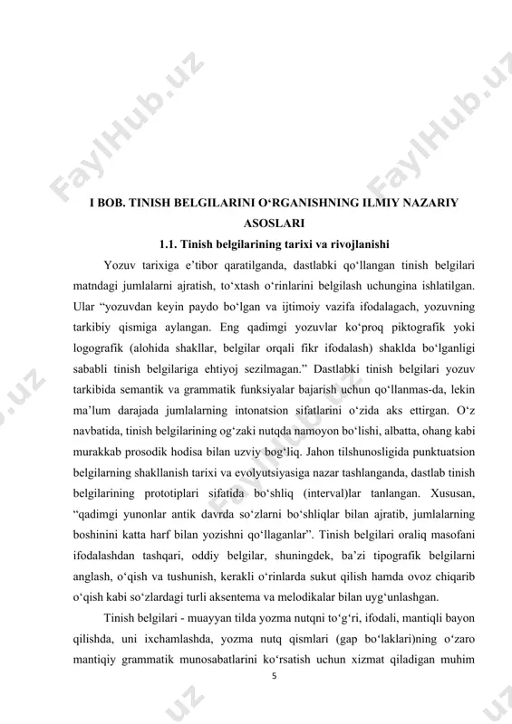uzilishi va intonatsion jihatini aniqlashga yordam berishdir. punktuatsiya – ijtimoiy hodisa davrlar o‘tishi yozuv madaniyatining o‘sishi bilan punktuatsiya ham o‘zgarib takomillashib bordi. davrlar o‘tishi, yozuvning taraqqiysi va yozuv madaniyatining o‘sishi bilan punktuatsiya ham o‘zgarib, takomillashib boradi. yozuvda dastlab qo‘llanilgan tinish belgilarning qo‘yilish o‘rni, usuli, vazifalari hozirgidek aniq va murakkab bo‘lmagan. masalan, dastlab yulduzcha va romba tipidagi 10 dan ortiq ishoralar nuqta o‘rnida ishlatilgan. xix asrning oxiriga kelib, yozuvda hozirgi nuqtaning qo‘llanilishi qat’iylashgach, ular nuqtalikdan chiqqan. demak davr talabiga bog‘liq holda punktuatsion sistema o‘zgarib boradi, mukammallashadi. shuningdek, punktuatsiya va punktuatsion sistema tillararo har xildir. punktuatsiya ayrim xalqlar yozuvida oldinroq ayrimlarida esa nisbatan keyinroq paydo bo‘lgan. masalan, ingliz tili punktuatsion sistemasida o‘n ikkita tinish belgi bor. ularda apostrof va defislar ham tinish belgi sanaladi. o‘zbek tilida esa 10ta tinish belgi mavjud. punktuatsion sistema rus yozuvida xviii asrda, o‘zbek yozuvida esa xix asrning ikkinchi yarmidan keyin vujudga kelgan. hozirgi oʻzbek yozuvida tinish belgilari …