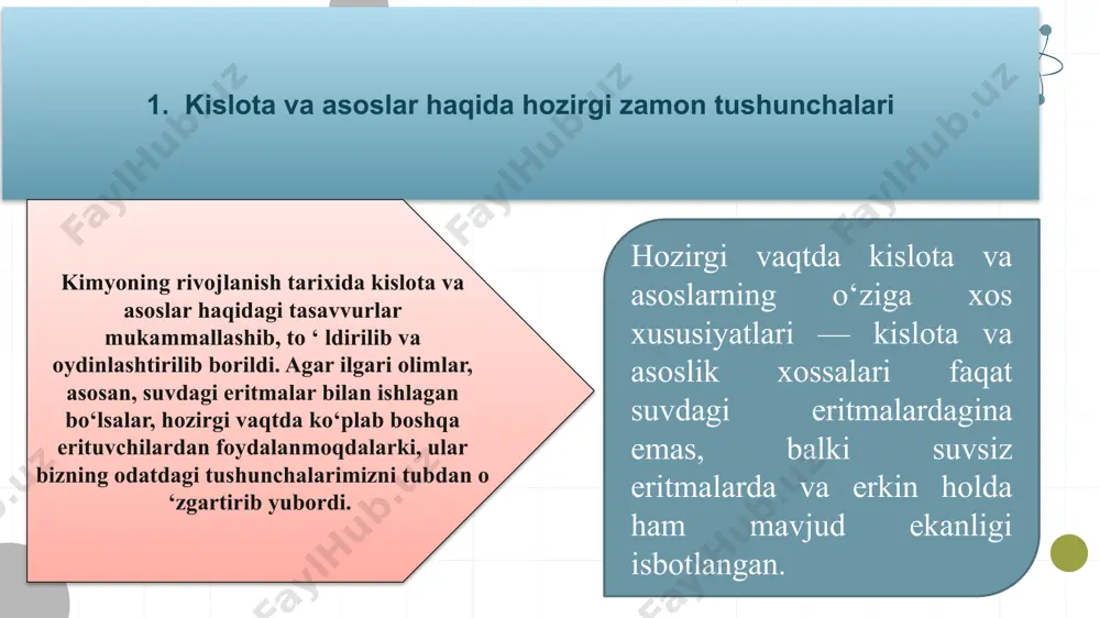 arish shu ta’sirni kamaytirishga qaratiladi’ boshqacha qilib aytganda, sistemada muvozanat holati buzilsa, sistemaning o‘zi uni tiklashga harakat qiladi. umumiy ko‘rinishdagi muvozanat reaksiyasini olaylik: aa + bb = cc + dd bu reaksiyadagi muvozanat konstantasi quyidagicha ifodalanadi: k = bu yerda: [a], [b], [c], [d], – moddalar konsentratsiyasi, a, b, c, d – stixiometrik koeffitsiyentlar. agar biror reaktantning konsentratsiyasi ortsa, sistemadagi muvozanat o‘sha reaktant sarf bo‘ladigan yo‘nalishga siljiydi. kislota va asoslarning muvozanat reaksiyalarikislota va asoslar suvda dissotsiyalanib, ionlarga ajraladi. zaif kislota va asoslar to‘liq dissotsiyalanmaydi, balki ular muvozanatda bo‘ladi. kuchsiz kislota misoli: ch3cooh = h+ + ch3coo- kuchsiz asos misoli: nh3 + h2o = nh4+ + oh- bu muvozanat reaksiyalariga massalar ta’siri qonuni to‘liq tatbiq qilinadi. masalan, ch₃cooh eritmasiga h⁺ ionlari (masalan, hcl) qo‘shilsa, muvozanat orqaga siljiydi, ya’ni sirka kislotasi molekulalari qayta hosil bo‘ladi. massalar ta’siri qonuni kimyoviy reaksiyalarni tushunish va boshqarishda muhim o‘rin tutadi. ayniqsa, kislota va asoslar o‘rtasidagi reaksiyalar …