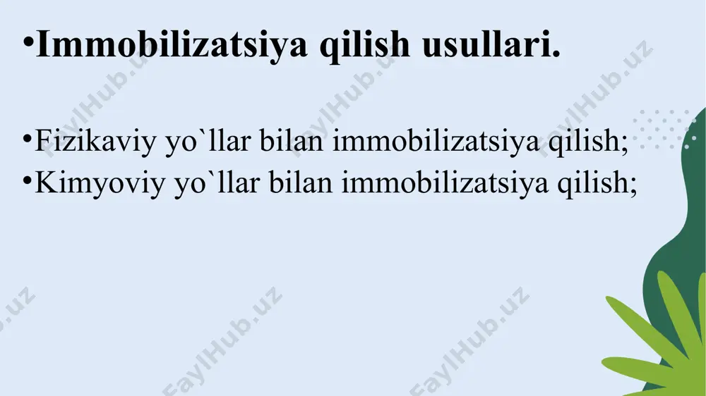 igan bo’lib qolganligi uchun shiraliligi ortadi. ekstraktsiyalanadigan aminokislotalar, peptidlar ko’payadi. oson hazm bo’ladigan mazali va xushbo’y bo’lganligi uchun biologik va iqtisodiy qimmati ortadi. proteolitik fermentlar go’shtni suyakdan ajralishi, yuqori nav go’sht miqdorini 5-7 %ga oshiradi. sut sanoatida proteolitik ta’siriga ega bo’lgan fermentlar preparatlari sutni ivishida, pishloq olishda qo’llaniladi. rennin preparatlari qo’llash orqali olingan pishloq mazasi, sifatining yaxshiligi bilan ajralib turadi. spirt ishlab chiqarish sanoatida undirilgan arpa yoki bug’doy uni o’rniga mog’or zamburug’i kulturalari kraxmal gidrolizini intensivlash, qandli shinnini achishini tezlashtirish va spirt chiqishini unumdorligini oshirilishiga olib keladi. pivo ishlab chiqarishda ferment preparatlari texnologik jarayonni hamma bosqichlarida ishlatiladi. bu sanoatda amilolitik proteolitik sitolitik fermentlar keng qo’laniladi. protelitik fermentlar yuvuvchi yuza faol moddalar ishlab chiqarishda oqsil dog’larini ketkazishda teri oshlashda terini yumshatishda, teridagi junni tushirishda qo’llaniladi. image2.jpeg image3.png image4.png image1.jpeg