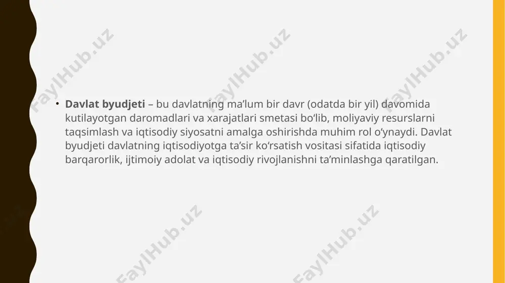 mudofaa, davlat boshqaruvi va boshqa yo‘nalishlarga bo‘linadi. asosiy xarajat turlari quyidagilardan iborat: ijtimoiy xarajatlar: pensiyalar, nafaqalar, sog‘liqni saqlash, ta’lim va boshqa ijtimoiy dasturlar. investitsiya xarajatlari: infratuzilma loyihalari, davlat korxonalari va boshqa iqtisodiy rivojlanish dasturlari uchun sarmoyalar. davlat qarzini xizmat qilish xarajatlari: davlat qarziga foiz to‘lovlari va qarzni qaytarish xarajatlari. mudofaa va xavfsizlik xarajatlari: harbiy harajatlar, politsiya va favqulodda xizmatlarga sarf. davlat byudjetining turlari: muvozanatli byudjet: bu turda byudjet daromadlari va xarajatlari bir-biriga teng bo‘ladi. byudjet profitsiti: daromadlar xarajatlardan ortiq bo‘lgan holat. bu holatda ortiqcha mablag‘lar zaxiralarni to‘ldirish yoki qarzlarni kamaytirish uchun ishlatilishi mumkin. byudjet defitsiti: xarajatlar daromadlardan ortiq bo‘lgan holat. defitsit odatda qarz olish yoki zaxira mablag‘larni ishlatish orqali qoplanadi. davlat byudjetining funksiyalari: taqsimlash funksiyasi: davlat byudjeti orqali resurslar iqtisodiyotning turli sohalariga taqsimlanadi va davlatning ustuvor yo‘nalishlari amalga oshiriladi. qayta taqsimlash funksiyasi: byudjet soliqlar va transferlar orqali daromadlarni qayta taqsimlaydi, ijtimoiy adolatni ta’minlashga xizmat qiladi. iqtisodiy tartibga solish funksiyasi: byudjet …
