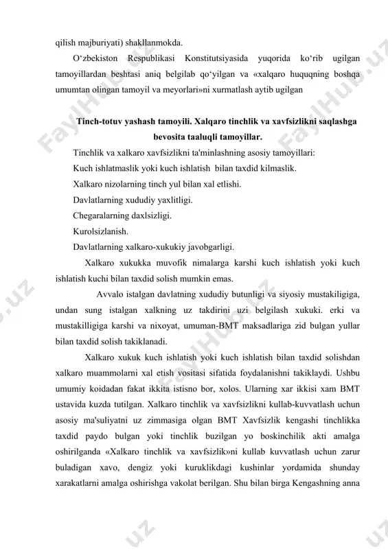 hirishga vakolat berilgan. shu bilan birga kengashning anna shunday karorlari fakat uning doimiy 5 a'zosining ovozi mos tushgandagina kabul kilinishi mumkin. ikkinchi tstisno – xarbiy xuruj, boskinchilikka karshi yakka tartibdagi yoki jamoaviy ximoyalanish. bunday xolatda 3 shartga rioya kilinishi lozim: xurujni daf kilish choralari bmt xk xalkaro tinchlik va xavfsizlikni tiklash uchun zarur choralarni kullagunga kadar konuniy xisoblanadi, uzini ximoya kilish choralari tugrisida zudlik bilan xavfsizlik kengashiga xabar bermok zarur: ushbu choralar kengash zimmasiga yuklatiladi. hozirgi zamon xalqaro huquqiga muvofiq. davlatlar o‘z nizolarini tinch yo‘llar bilan xal etishlari lozim. bmt ustavining 2-modda 3-bulimiga muvofiq «birlashgan millatlar tashkilotining barcha a’zolari o‘zlarining xalqaro nizolarini xalqaro tinchlik, xavfsizlik va adolatni xavf ostida koldirmaslik uchun tinch yo‘llar bilan xal etadilar, ya’ni mo‘zokaralar, tekshirish utkazish, vositachilik, yarashtirish, arbitraj, sudd ishni kurish, regional organlar yoki kengashlarga murojaat qilish yoki o‘z hohishiga ko‘ra boshqa vositalar yordamida» xal etadilar. so‘nggi chorak asr xalqaro nizolarni tinch yo‘l bilan xal …
