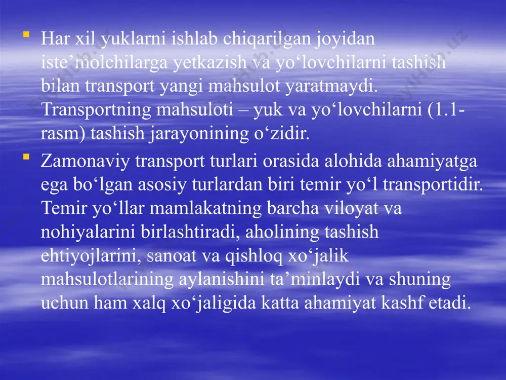 sobidagi hajmi bo‘yicha transport turlari orasida avtomobil transporti birinchi o‘rinni egallaydi. avtomobil transportining bir qator o‘ziga xos xususiyatlari ulardan foydalanish qulayligi va samaradorligini belgilaydi. avtomobillar o‘ta harakatchan bo‘lib, zarur hollarda kerakli joylarda etarlicha transport vositalarini jamlash imkonini beradi. avtomobil transporti yuklarni ishlab chiqarilgan joyidan olib to‘g‘ridanto‘g‘ri iste’molchi omborxonasigacha yetkazishi mumkin. avtomobillarda yuklarni qisqa masofalarga tashish tezligi temir yo‘l va suv yo‘llari orqali tashishga nisbatan ancha yuqori bo‘ladi. 1.3-rasm. avtomobil transporti yo‘lovchi va yuklar oqimi kam bo‘lganda, avtomobil transportida kapital xarajatlar temir yo‘llarga nisbatan kam talab etiladi. avtomobillarning boshqa transport turlariga qaraganda, doimiy yo‘l tarmoqlariga bog‘liqligi kam, avtomobil yo‘llari nisbatan to‘g‘ri va qisqa masofali bo‘ladi. qisqa masofalarga tashishdagi avtomobil transportining afzalligi masofa uzoqlashgani sari tashish tannarxining qimmatlashishi hisobiga kamaya boradi. avtomobillarning atrof-muhit ekologik holatiga salbiy ta’siri sezilarli, ko‘p miqdorda neft mahsulotlari va tabiiy kauchuk sarflanadi. atomobil transportida xodimlar soni ko‘p bo‘lib, ularning asosiy qismini haydovchilar tashkil etadi. suv transporti. suv transporti …