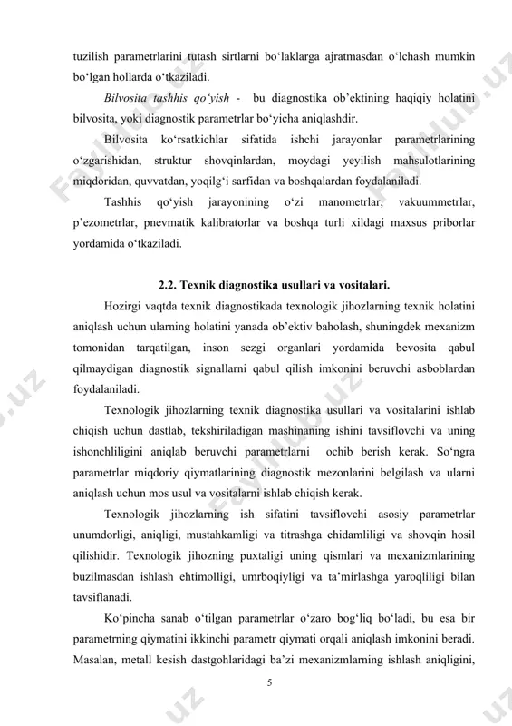 tining haqiqiy holatini bilvosita, yoki diagnostik parametrlar bo‘yicha aniqlashdir. bilvosita ko‘rsatkichlar sifatida ishchi jarayonlar parametrlarining o‘zgarishidan, struktur shovqinlardan, moydagi yeyilish mahsulotlarining miqdoridan, quvvatdan, yoqilg‘i sarfidan va boshqalardan foydalaniladi. tashhis qo‘yish jarayonining o‘zi manometrlar, vakuummetrlar, p’ezometrlar, pnevmatik kalibratorlar va boshqa turli xildagi maxsus priborlar yordamida o‘tkaziladi. 2.2. texnik diagnostika usullari va vositalari. hozirgi vaqtda texnik diagnostikada texnologik jihozlarning texnik holatini aniqlash uchun ularning holatini yanada ob’ektiv baholash, shuningdek mexanizm tomonidan tarqatilgan, inson sezgi organlari yordamida bevosita qabul qilmaydigan diagnostik signallarni qabul qilish imkonini beruvchi asboblardan foydalaniladi. texnologik jihozlarning texnik diagnostika usullari va vositalarini ishlab chiqish uchun dastlab, tekshiriladigan mashinaning ishini tavsiflovchi va uning ishonchliligini aniqlab beruvchi parametrlarni ochib berish kerak. so‘ngra parametrlar miqdoriy qiymatlarining diagnostik mezonlarini belgilash va ularni aniqlash uchun mos usul va vositalarni ishlab chiqish kerak. texnologik jihozlarning ish sifatini tavsiflovchi asosiy parametrlar unumdorligi, aniqligi, mustahkamligi va titrashga chidamliligi va shovqin hosil qilishidir. texnologik jihozning puxtaligi uning qismlari va …