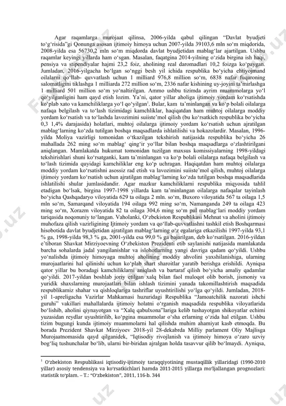 rildi. jumladan, ijtimoiy himoya tizimiga ko‘ra, farzand tug‘ilganda beriladigan to‘lovlar saqlab qolinishi bilan birga, nafaqalar va imtiyozlarning quyidagi turlari ham amalga oshirildi. masalan, bola boquvchi onalarga to‘lanayotgan nafaqaning miqdori ko‘paytirilib, uning muddati ham uzaytirildi. 1991-yildan boshlab bunday yordam bir yarim yilgacha to‘langan bo‘lsa, 1994-yildan e’tiboran bu muddat ikki yilga uzaytirildi. ishlovchi onalar ham, ishlamaydigan onalar ham, bu nafaqani oladiga bo‘ldilar. ma’lum muddat ko‘p bolali va kam ta’minlangan oilalarni, ishsizlarni, daromadi cheklangan shaxslarni, maktab o‘quvchilarini ijtimoiy himoyalash va qo‘llab-quvvatlash choralari ko‘rildi. boshlang‘ich sinf o‘quvchilari va yolg‘iz pensionerlar uchun bepul nonushtalar, ikki yoshga etmagan bolalar uchun, shuningdek, kamqonlik kasaliga duchor bo‘lgan homilador ayollar uchun bepul ovqat, barcha maktab o‘quvchilari va talabalarni imtiyozli ovqatlantirish kabi ijtimoiy imtiyozlar ham byudjet mablag‘laridan to‘lab turildi. kommunal xizmatlar to‘lovi, shahar transportida bepul yurish imtiyozlari “qahramon onalar”, ikkinchi jahon urushi qatnashchilari, afg‘onistonda urushda bo‘lgan internatsional jangchilarga nisbatan imtiyozlar ham saqlab qolindi. shunday murakkab sharoitda rejali yondashuv tufayli sezilarli …