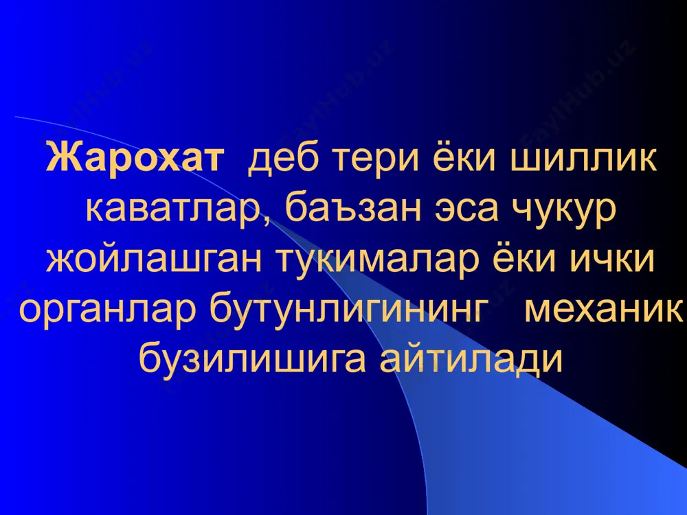 ликларга тешиб кируви жарохат ички аъзоларнинг шикастланиши булган, бушликларга тешиб кируви жарохат жарохатнинг сабабига кура: операцион тасодифий жойлашишига кура: юз сохасининг жарохати бошнинг жарохати буйининг жарохати кукрак кафасининг жарохати кориннинг жарохати оёк ёки куллоарнинг жарохати тасодифий оёк панжасининг кесилган жарохати юз сохасининг тишланган жарохати кул панжасининг йиртилган жарохати юз сохасининг тасодифий лат еган жарохатлари операцион жарохат инфицирланганлик даражасига караб: инфицирланган асептик жарохаланиш вактига караб: янги кечиккан жарохатнинг битиш усулига караб: бирламчи тортилиш билан битувчи жарохатлар иккиламчи тортилиш билан битувчи жарохатлар инфицирланган жарохат асептик жарохат жарохат каналининг харатерига кура: тешиб утувчи тегиб утувчи кур жарохатнинг битиш фазалари: гидратация (огрик, температура, шиш, инфильтрация) регенерация ёки дегидратация жарохатнинг ёмон битиши сабаблари : умумий: иммун системасининг етарли ривожланмаганлиги гиповитаминоз сурункали яллигланиш касалликлари кандли диабет юрак ва буйрак етишмовчилиги махаллий: йирик кон-томирларнинг шикастланиши жарохатда ёт жисмларнинг булиши жарохатда некротик тукималарнинг булиши суяк секвестрлари вирулент микроорганизмлар жарохатлар битишининг 2 тури тафовут килинади : жарохатнинг биламчи битиши …