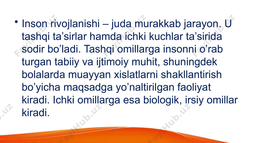 yon ya’ni o‘sish hisoblanadi. o‘sish jarayonida hujayralar soni, gavda vaznini va antropometrik ko‘rsatkichlari ortadi. suyaklar, o‘pka kabi ayrim organlarda o‘sish asosan hujayralar sonini ortishi hisobiga ko‘payishi, boshqa organlarda (muskullar, asab to‘qimalarda) hujayralarning o‘lchamlarini ortishi jarayoni ustunlik qiladi. o‘sish jarayoniga bunday aniqlik berilishi yog‘ larni o‘tirishi yoki suvning ushlab qolinishi bilan ta’minlanuvchi gavda vazni va o‘lchamlarini o‘zgarishlarini hisobga olmaydi. organizmni o‘sishini ko‘rsatuvchi aniq ko‘rsatkich – bu undagi oqsillarning umumiy miqdorini oshishi va suyaklar o‘lchamlarning kattalashishidir. e'tiboringiz uchun rahmat! image1.jpeg image3.jpeg image4.jpeg image5.jpeg image6.jpeg image7.jpeg image8.jpeg image9.jpeg image10.jpeg image11.jpeg image12.jpeg image13.jpeg image14.jpeg image15.jpeg image16.jpeg image17.jpeg image18.jpeg image2.jpeg /docprops/thumbnail.jpeg