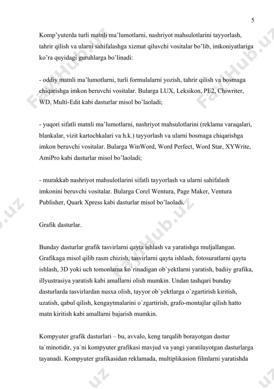 alga oshirish mumkin. bularga misol qilib adobe premiere 6.5 dasturini olsak, u dv-video maxsulotlarini taxrirlashda videomontaj tizimida oldingi o`rinlarda. bu dastur nafaqat videomontaj ishlarida, hattoki tovushlarni taxrirlashda qo`llaniladigan yuqori sifatli asbobdir. adobe premier effects 6.0 dvd va web sahifalardagi video maxsulotlarda animasiya va maxsus efektlarni yaratishda foydalanadigan paketdir. ulead videostudio v6.0 raqamli va analog video kameralarda mpeg1/2, avi, vcd va dvd sistemalarida yozilgan videolarni montaj qiladi. bunday misollarni ko`plab keltirish mumkin. tovushlarni eshitish va ularni qayta ishlash maqsadida ko`plab dasturlardan foydalanish mumkin. bularga misol tariqasida jet audio, media pleyer, cool edit pro, winamp va h.k.z.lar buxgalteriya tizimlari. bu maxsuslashtirilgan tizimlar bo’lib, ular o’z ichiga matn va jadval dasturlarini, elektron jadvallar va ma'lumotlar omborining funksiyalarini oladi. u korxona birlamchi buxgalteriya hujjatlarini tayyorlash va hisobga olishni avtomatlashrirish, buxgalterlik hisobotlarni olib borishga mo’ljallangan. bundan tashqari, bu tizim korxonaning, soliq va statistik hisob tashkilotlariga beradigan formada tayyorlanadigan hisobotlarni olib borish uchun ishlatiladi. bu hisobotlar …