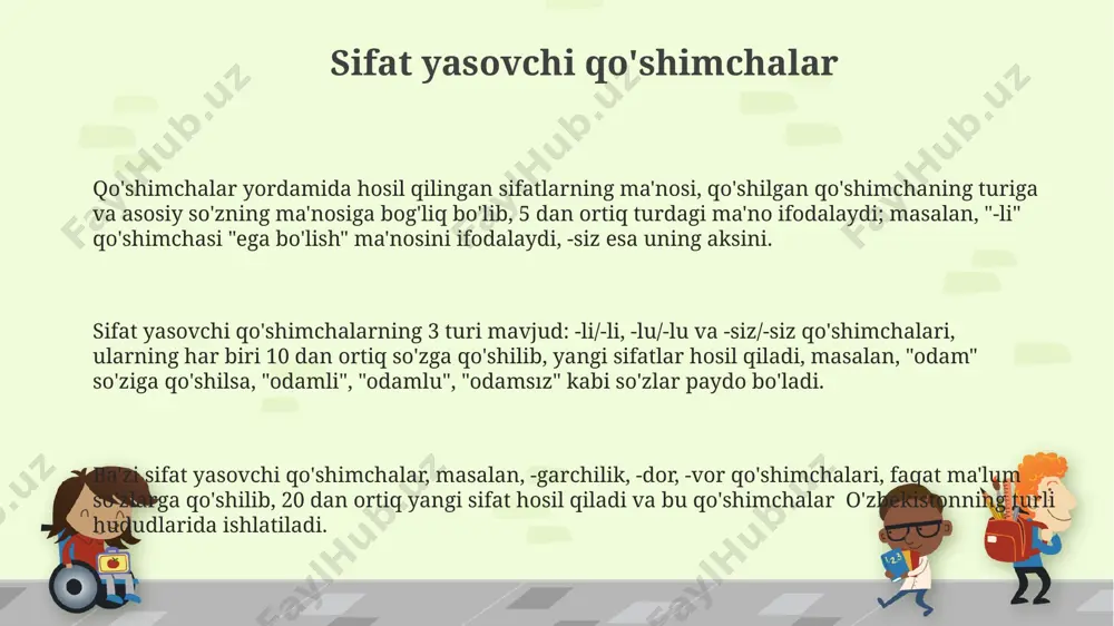 mdir. semantik funksiyasiga ko'ra qo'shimchalarning turlari qo'shimchalarning semantik funksiyasi nafaqat so'zning asosiy ma'nosini o'zgartiradi, balki uning grammatik kategoriyasini ham belgilaydi. masalan, "-lik" qo'shimchasi 5 ta grammatik shaklni hosil qilishi mumkin, bu esa o'zbek tilida qo'shimchalarning boy imkoniyatlarini ko'rsatadi. o'zbek tilida, taxminan 20 dan ortiq turli semantik funksiyaga ega qo'shimchalar mavjud bo'lib, ularning ba'zilari faqat ma'lum geografik hududlarda, masalan, farg'ona vodiysi shevalarida qo'llaniladi. bunday qo'shimchalar so'zlarning ma'nosini aniqlash va tahlil qilishda muhim rol o'ynaydi. semantik funksiyasiga ko'ra, qo'shimchalar 3 ta asosiy turga bo'linadi: 1) otlashtiruvchi (masalan, "o'qituvchi" so'zidagi "-chi" qo'shimchasi), 2) sifatlashtiruvchi (masalan, "toshli" so'zidagi "-li" qo'shimchasi) va 3) fe'llashtiruvchi (masalan, "yurish" so'zidagi "-ish" qo'shimchasi) qo'shimchalari, ularning har biri o'ziga xos morfologik va semantik xususiyatlarga ega ravish yasovchi qo'shimchalar ba'zi ravish yasovchi qo'shimchalar, jumladan "-gin", "-oq", "-cha", so'zlarga qo'shilganda ularning ma'nosini 10-20% ga o'zgartirishi mumkin. bu o'zgarishlar so'zning grammatik vazifasini aniqlashda muhim ahamiyatga ega. bunday qo'shimchalar buxoro viloyatining shevalarida ko'proq uchraydi. …
