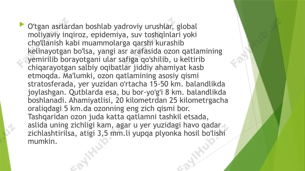 igi sabablari quyidagilardan iborat: qayta ishlov bermasdan foyda bilan eksport qilish imkoniyatini beruvchi tabiiy resurslarning katta zaxiralari, shuningdek, mahalliy raqobatbardosh qayta ishlovchi korxonalarni tashkil qilish va rivojlantirishni zaif rag‘batlantiruvchi yomon biznes muhiti mavjudligi. uchinchisi - so‘nggi o‘n yilliklarda kuzatib kelingan tuproq degradatsiyasi (sho‘rlanish, unumdorlikning pasayishi), bir tomondan - tuz va boshqa zararli moddalar atmosferaga tashlanishiga va keyinchalik yondosh hududlarga cho‘kishiga olib keluvchi orol dengizidagi fojianing oqibatlari natijasida yuzaga kelgan bo‘lsa, boshqa tomondan – bunga bir qator ijtimoiy-iqtisodiy omillarning ta'siri sabab bo‘lgan. iomning iqlim oʻzgarishi boʻyicha hisobotiga koʻra, soʻnggi 10 yil ichida dunyo boʻylab oʻrtacha 21,6 million kishi soʻnggi 10 yil ichida iqlim oʻzgarishi bilan bogʻliq muammolar tufayli oʻz mamlakatlarida koʻchib ketishga majbur boʻlgan.hisobotda ta’kidlanishicha, kelgusi 10 yil ichida 1 milliard odam dengiz sathining ko‘tarilishi, suv toshqinlari, qurg‘oqchilik, ekstremal harorat va oziq-ovqat xavfsizligi ta’sirida bo‘lishi mumkin e’tiboringiz uchun rahmat image1.png image2.png image3.png image4.png