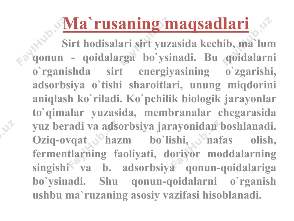 ki bosimi 4. harorat 5. erituvchining tabiati adsorbsiya miqdorini baholash adsorbsiya miqdorini baholash lg k lg c lg x/m ) tg  = 1/n adsorbsiya miqdorini baholash adsorbsiya miqdorini baholash lengmurning monoqavatli adsorbsiya izotermasi: i g g∞ c i ii iii sirt taranglik va sirt faolligi suyuqlikning sirt tarangligini kamaytiruvchi moddalar - sirt faol moddalar deyiladi: moylar, yog`lar, spirtlar va boshqa organik moddalar. suyuqlikning sirt tarangligini oshiruvchi moddalar - sirt nofaol moddalar deyiladi: tuzlar va boshqa elektrolitlar. modda konsentratsiyasi o`zgarganda sirt taranglik o`zgarishini ko`rsatuvchi kattalik sirt faolligi deyiladi: d  / dc adsorbsiya miqdorini baholash dyuklo-traube qoidasi ham gidrofil, ham gidrofob guruxlarni tutgan moddalar difil moddalar deyiladi. dyuklo-traube qoidasi: difil organik moddalar zanjirini har bir - ch2 - guruxga uzayishida, ularni musbat adsorbsiyada ishtirok etish hususiyati 2-3 barobarga ortadi. image1.png image2.png image3.png image4.png image5.png image6.png image7.png