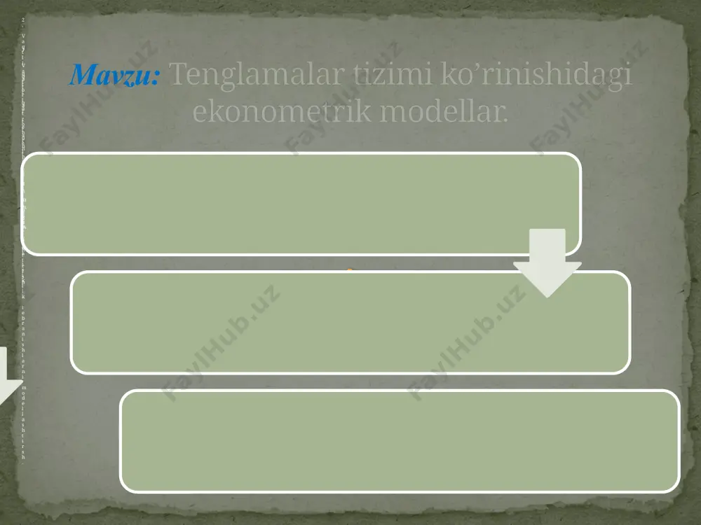 ga bog’liqligi grafigini qurish va uni tahlil qilish, dinamikaning ayrim asosiy ko’rsatkichlarini hisoblash usullarini kiritish mumkin. tendentsiya turlarini aniqlashda qator darajalarining avtokorrelyatsiya koeffitsientlarini qo’llash mumkin. tendentsiya turi berilgan va qayta tuzilgan qatorlar darajalari bo’yicha hisoblangan birinchi tartibli avtokorrelyatsiya koeffitsientlarini solishtirish yo’li bilan aniqlanadi. agar vaqtli qator chiziqli tendentsiyaga ega bo’lsa, yonma-yon darajalar -yt va yt -1larning korrelyatsiyasi yuqori bo’ladi. bunday holatda berilgan vaqtli qatorning birinchi tartibli avtokorrelyatsiya koeffitsienti yuqori bo’lishi kerak. agar vaqtli qator chiziqli bo’lmagan tendentsiyaga ega bo’lsa, masalan, eksponentsial shaklda bo’lsa, u holda berilgan qator darajalarining logarifmlari bo’yicha birinchi tartibli avtokorrelyatsiya koeffitsienti qator darajalari bo’yicha hisoblangan mos koeffitsientlardan yuqori bo’ladi. tendentsiya turlarini aniqlashning bir qancha usullari mavjud uchchala komponentalarning yig’indisidan tuzilgan model vaqtli qatorning additiv modeli deyiladi. chala komponentalarning ko’paytmasidan tuzilgan model vaqtli qatorning multiplikativ modeli deyiladi. vaqtli qator tendentsiyasini modellashtirish vaqtli qator tendentsiyasini modellashtirish qatorning har bir darajasi tendentsiya, davriy tebranishlar va tasodifiy komponentalar ta’sirida shakllanadi. ko’p …