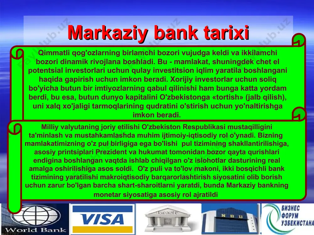 ojlantirishning kompleks dasturi qabul qilindi. xalqaro eng yuqori mezonlarga muvofiq keladigan bank tizimi, hech qanday mubolag'asiz, mustaqil qadriyat hisoblanadi, zeroki aynan u bozor sharoitlarida butun iqtisodiyotning ahvolini, pirovard natijada esa, aholi farovonligi va siyosiy barqarorlikni belgilab beradi. * o'zbekiston respublikasi markaziy bankining huquqiy maqomi, vazifalari, vakolatlari, tashkil etilishi va faoliyati printsiplari o'zbekiston respublikasi konstitutsiyasi, o'zbekiston respublikasining "o'zbekiston respublikasining markaziy banki to'g'risida”gi va boshqa qonun hujjatlari bilan belgilanadi * davlat byudjetining kassa ijrosini moliya vazirligi bilan birgalikda tashkil etishdan iboratdir. o'zbekiston respublikasining rasmiy oltin-valyuta rezervlarini, shu jumladan kelishuv bo'yicha hukumat rezervlarini saqlash va tasarruf etish; banklar, kredit uyushmalari, mikrokredit tashkilotlari va garovxonalar faoliyatini litsenziyalash hamda tartibga solish, banklar, kredit uyushmalari, mikrokredit tashkilotlari va garovxonalarni nazorat qilish, qimmatli qog'ozlar blankalari ishlab chiqarishni litsenziyalash; o'zbekiston respublikasida hisob-kitoblarning samarali tizimini tashkil etish va ta'minlash; monetar siyosatni hamda valyutani tartibga solish sohasidagi siyosatni shakllantirish, qabul qilish va amalga oshirish; markaziy bank asosiy vazifalari * markaziy …