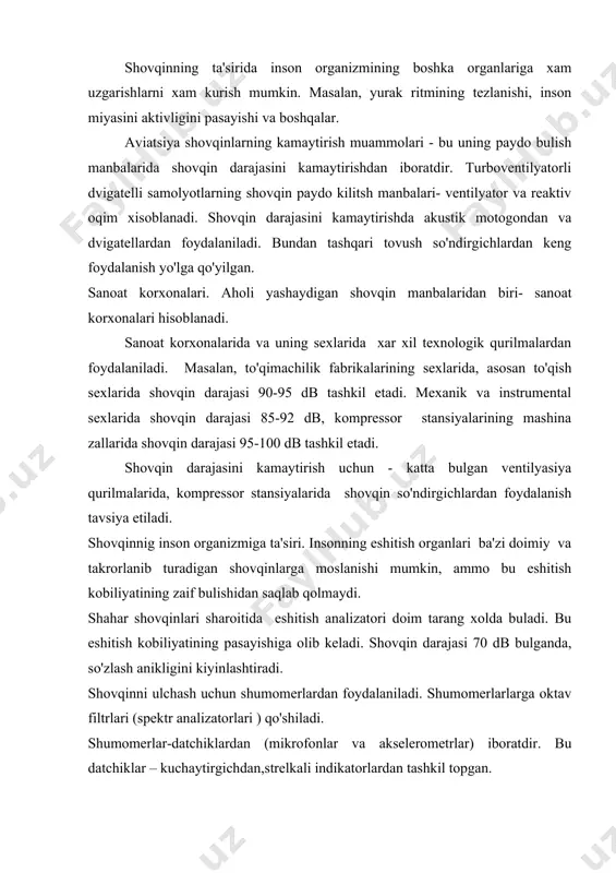 va akselerometrlar) iboratdir. bu datchiklar – kuchaytirgichdan,strelkali indikatorlardan tashkil topgan. datchiklar o'rnida ba'zan elektrodinamik, keramik, kondensatorli mikrofonlardan foydalaniladi. tip chastotali diapazon, gs korrek-siyalar shovqin darajasini ulchash diapazoni, db jixoz sinfi massa, kg шз-м ш-63 ш-71 2203 40-10000 60-8000 31,5-8000 10-18000 авс авс ас авс 24-130 30-140 30-140 19-134 1 1 11 1 5,5 4,2 2,5 2,7 spektr analizatori - o'z ichiga kuchaytirgichni oladi. bu kuchaytirgich ma'lum chastotani ajratish uchun kul keladi. shovqin spektr analizatorlari filtrli va geteregenlarga bulinadi. filtrli spektr analizatorlari elektr filtrlari naborlaridan tashkil topgan bulib, ular ma'lum chastotalarni ajratib chikaradi. geterogenli analizatorlarda ma'lum chastotalarni ajratib chikarish uchun - ularda kvarsli filtrlar qo'llaniladi. atrof muhitni sanoat korxonalari tomonidan ifloslanishi reja: 1. kimyo sanoati atrof muhitni ifloslantirishi. 2. sanoat chiqindilarini tirik organizmlarga ta'siri. 3. sanoat chiqindilarini qayta ishlash. 4. paxta tozalash korxonalarini atrof muxitga ta'siri. 1. kimyo sanoati atrof muhitni ifloslantirishi. kimyoviy moddalar tavsifnomasi. inson, qolaversa barcha jonivorlar olami yashayotgan …