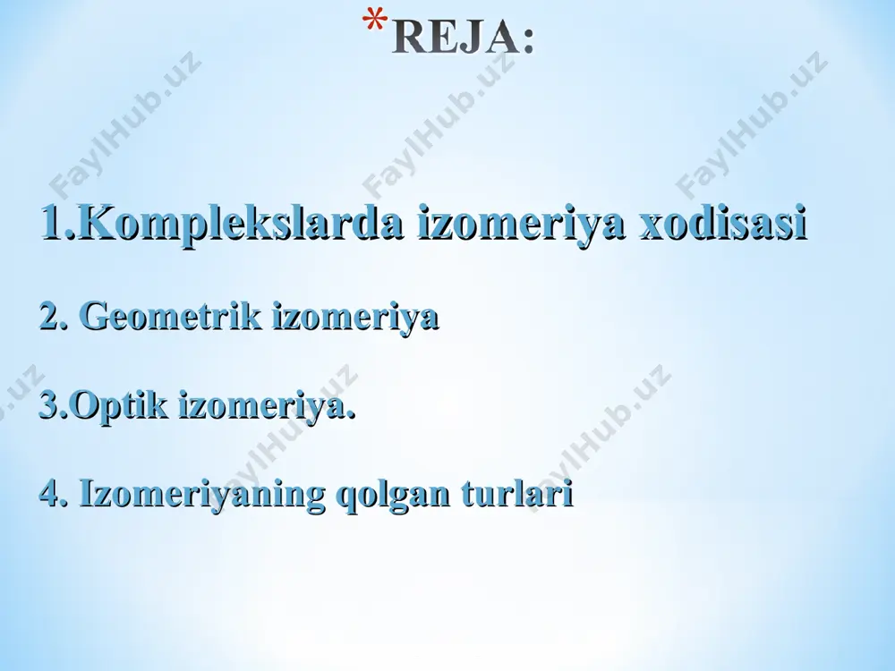 lai, sis-izomer to’q sariq, rangli, 100 g suvda 0,25 g modda eriydi, konsentrlangan h2s04 bilan ko’k rangli eritma xosil qiladi. trans-izomer esa oq-sariq rangga ega, 100 g suvda faqat 0,037 g modda eriydi, h2so4 bilan xususyatli rang bermaydi. bundan tashkari, sis-diammindixlor platina (ii) komplesksni kuchli rak kasalligiga qarshi xossasi topilgan va u xatto meditsinada qo’llaniladi, trans-diammindixlor platina (ii) kompleks esa umuman biologik aktivlikka ega bo’lmaydi. ru markaziy metallga boglangan ligandlarniig turlari kupayishi bilan geometrik izomerlar soni ortib boradi. kvadrat tuzplishga ega bulgan komplekslari turttala ligand xar xil bulsa (mabcd-turli komplekslar), unda geometrik izomerlar soni uchta buladi. masalan,quyidagi tarkibli kompleksning uchta geometrik izomerlari sof xolda ajratilib olingan. oktaedrik komplekslarda bir nechta sis-trans-izomeriya turlari uchraydi. ml4b2 va ma3b3 tarkibli komplekslar esa eng ko’p tarqalgan va ularning xar biri sis- va trans izomer tuzlishlarga ega bo’lishi mumkin: * bog’ izomeriyasi agar ma’lum ligand metall bilan xar xil atomlar orqali bog’lana olsa, bog izomeriyasi …