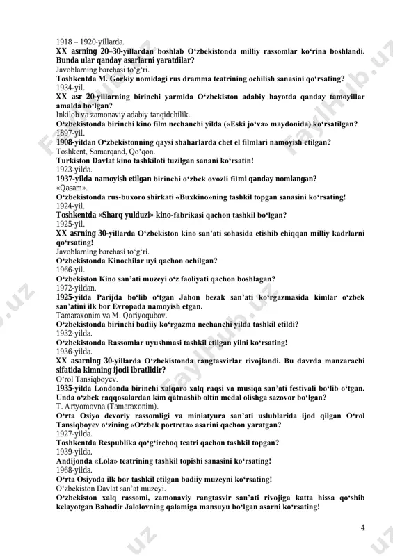 sni aniqlang. najmiddin kavkabiy. xivadagi sherg‘ozixon madrasasi qachon qurilgan? 1719 – 1726-yillar. 3 xivadagi muhammad aminxon madrasasi qachon qurilgan? 1852 – 1855-yillar. xivadagi kalta minor qachon qurilgan? 1852-yil. xiva xonligida musiqashunoslik sohasida kimlarning ijodi muhim edi? feruz va komil xorazmiy. xiva xonligining badiiy ijod sohasida qalam tebratgan laffasiy o‘zining «xiva shoir va adabiyotshunoslarining tarjimai hollari» tazkirasida nechta nafar xorazmlik ijodkorning tarjimai holi va ijodi haqida ma’lumot bergan? 51 nafar xorazmlik ijodkor haqida. xvii – xviii asrlarda xivada san’atning xattotlik sohasida quyidagilardan kim ijod qilmagan? kavkabiy najmiddin. munis asarini aniqlang. «firdavs ul-iqbol». xiva xonligida sharq mumtoz musiqasi, xususan, o‘zbek kuylarini yozib olish uchun «tanbur chizig‘i» deb ataluvchi nota tizimini joriy etgan ijodkorni aniqlang. komil xorazmiy. xiii-xvii asrlarda o‘rta osiyo, xuroson va ozarbayjon xalqlari musiqasida quyidagi nechta maqom mavjud bo‘lgan? 12 ta. xivadagi muhammad rahimxon madrasasi qachon qurilgan? 1871-yil. o‘zbekistondan chiqqan birinchi fotograf va kinematograf - … xudoybergan devonov. qo‘qon xoni umarxon …