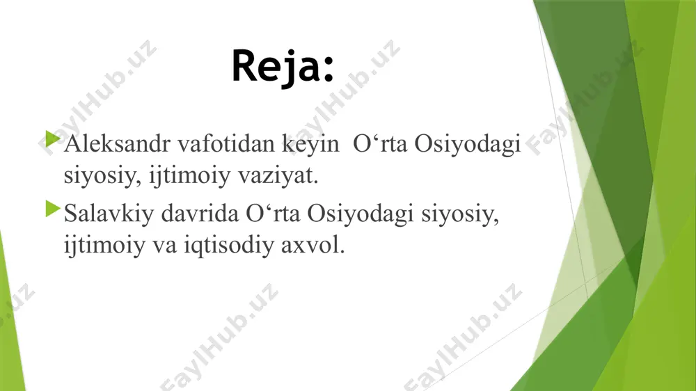grafiya” asarida aleksandrning baqtriya va sòģdiyona hududida 8 ta shahar barpo etganliklari haqida yozib qoldirganlar vizantiyalik stiven makedoniya qiroli nomini olgan 18 ta shahar haqida gapiradi. plutarixning ma’lumotiga qaraganda “aleksandr varvar xalqlar uchun 70 dan ortiq shahar qurib, butun òrta osiyo bòylab ellin muassalarini ta’sis etdi”. plutarix tomonidan aytib òtilgan 70 dan ortiq shaharlarning hammasi ham keng òrganilmagan. zamonaviy tarixchilarning fikricha, ularning kamida 60 tasi ilgari mavjud bòlgan aholi punktlari bòlib, ular iskandar armiyasi tomonidan tiklangan. aleksandr makedonskiy markaziy osiyo va xurosonda tashkil qilgan aleksandrya esxata (chekka aleksandrya xozirgi xòjand), iskansdariya-ariana (xozirgi hirot), aleksandriya ( xozirgi qandahor) ekanligi izlanishlar natijasida aniqlangan. oks bo`yidagi aleksandriya (kampirtepa) bu shaharlarda keng tadqiqot ishlari olib borilgan va aleksandr makedonskiy davriga oid ko’plab malumotlar topilgan. aleksandr makedonskiy 336 yildan 323 yilgacha dunyodagi yirik imperiyaga asos soladi. iskandar miloddan avvalgi 323 yil 13 iyunda vafot etgan. o'ttiz uch yoshda. bu bobildagi navuxadаnоsr ii saroyida sodir bo'ldi. …