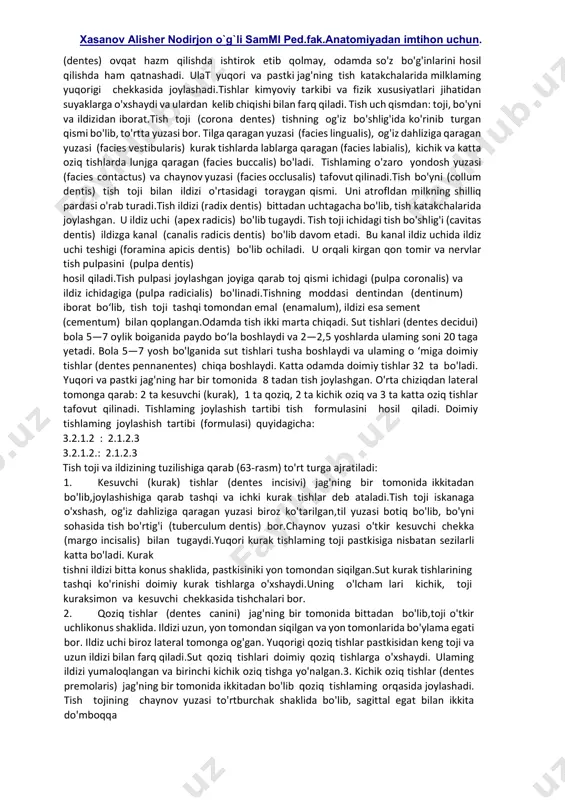 agmasini hosil qiluvchi mushaklar chegaralab turadi. 4.qattiq va yumshoq tanglay tanglay (palatum) og'iz bo'shlig'ining yuqori devorini hosil qilib, ikki qismdan: qattiq va yumshoq tanglaydan iborat.qattiq tanglay (palatum osseum seu palatum durum) tanglayni oldingi uchdan ikki qismini tashkil qiladi. u yuqori jag‘ suyagi tanglay o'simtasi va tanglay suyagi gorizontal plastinkasidan hosil bo'lgan. uni qoplagan shilliq parda och pushti rangda bo'lib, o'rtasida chok (raphe palatini) joylashgan.undan ikki tomonga qarab ko'ndalang tanglay burmalari (plicae palatinea transversa) yo'naladi.yumshoq tanglay 3.og‘iz bo‘shlig‘i yukori devori, qattiq va yumshoq tanglay, tuzilishi, tanglay tuzilishi. xasanov alisher nodirjon o`g`li sammi ped.fak.anatomiyadan imtihon uchun. (palatum molle) qattiq tanglayni orqasida joylashib,tanglayni uchdan bir qismini tashkil qiladi. u qattiq tanglayni orqasiga birikkan. uning asosini serbar biriktiruvchi to'qima (aponeurosis palatina) va unga yopishgan mushaklar tashkil qilib, ust va past tomondan shilliq parda bilan qoplangan. uni qoplagan shilliq parda bevosita qattiq tanglayga davom etadi. yumshoq tanglayning oldingi qismi gorizontal joylashsa, orqa qismi osilib tanglay …