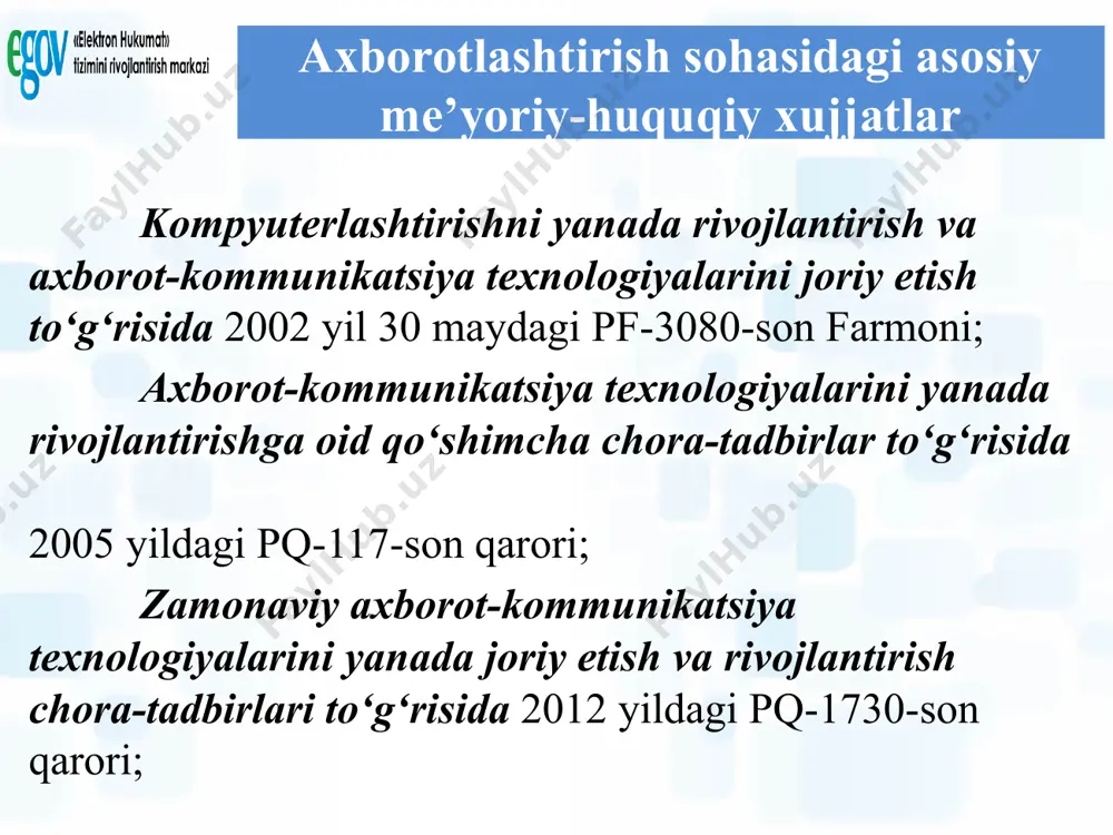 - boshqaruvga oydinlik kiritib davlat organlari boshqaruvini jamoatchilik tomonidan nazorat qilish imkoniyatini yaratadi; - jamoat jarayonlarini boshqarishning yangi mexanizmi yaratiladi. elektron xukumat tushunchasi asosan 1990 yillarda kelib chiqqan bo’lsada, asosan xozirgi vaqtlarda ko’p e’tibor berilmoqda. birinchilar qatorida ex yaratishda aqsh, angliya va shuningdek italiya, norvegiya, singapur, avstraliya, fransiya kabi davlatlar hisoblanadi. sovet ittifoqi davrida pribaltika davlatlari bo’lmish estoniya va latviya respublikalarida boshlangan. bu borada o’zbekistonda ilk qadamlar qo’yilgan desak yanglishmaymiz. ayniqsa, oxirgi yillarda bu sohada ancha ishlar qilindi. o’zbekiston xukumati tomonidan akt rivojlantirish va ex qo’llash natijasida bir nechta ma’muriy xujjatlar qabul qilindi. natijada yangi vertikal ijroiy xokimiyati barpo qilinib korxonalararo yaratilayotgan informatizatsiya jarayonini boshqaruv dasturini bajarilishini nazorat qilish markazi yaratildi. bu dasturni anchagina markaziy va maxalliy boshqaruv organlari ma’qullab, ko’pchiligi dasturning mustaqil strukturasiga ega bo’lib, ularga korxonalararo informatizatsiya jarayonini joriy qilishga javobgarligi yuklatildi. natijada davlat boshqaruv organlariga yangi texnologik boshqaruv usullari kirib keldi. o’zbekiston respublikasining hukumat portalining axborot resursi …