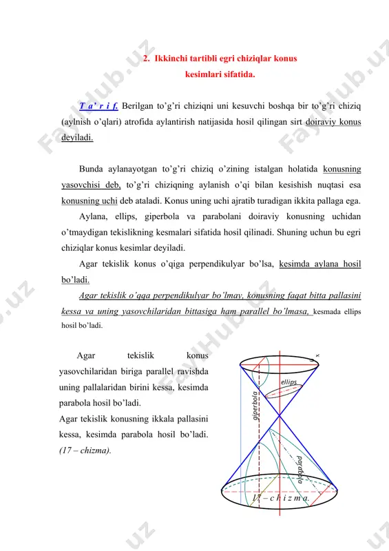 yosh sistemasining planetalari quyosh joylashgan umumiy fokusga ega ellipslar bo’yicha harakat qiladi. 3. agar parabola fokusiga yorug’lik manbai joylashtirilsa, paraboladan qaytgan nurlar uning o’qiga parallel holda ketadi. projektorning tuzilishi shu xossaga asoslangan. 4. mexanikada isbot qilinganidek, yer yuzidan gorizontalga qarab burchak ostida km/s (ikkinchi kosmik tezlik) boshlang’ich tezlik bilan chiqarilgan raketa parabola bo’ylab yer yuzidan cheksiz uzoqlashib boradi km/s boshlang’ich tezlik bilan harakat qilayotgan raketa ham yer yuzasidan cheksiz uzoqlashib boradi, faqat – giperbola bo’ylab harakat qiladi. nihoyat, km/s boshlang’ich tezlikda raketa ellips bo’ylab harakatlanib yoki yana yerga qaytib tushadi, yoki yerning sun’iy yo’ldoshi bo’lib qoladi. 5 – m a s a l a. gorizontga nisbatan o’tkir burchak ostida otilgan tosh parabola yoyini chizib, boshlang’ich joyidan 16 metr uzoqqa tushadi. toshning 12 metr balandlikka ko’tarilganligini bilgan holda uning parabolik traektoriyasi tenglamasini tuzing. y e c h i s h. koordinata o’qlarini shunday joylashtiramizki, tosh otilgan nuqta bilan toshning tushgan nuqtasi …