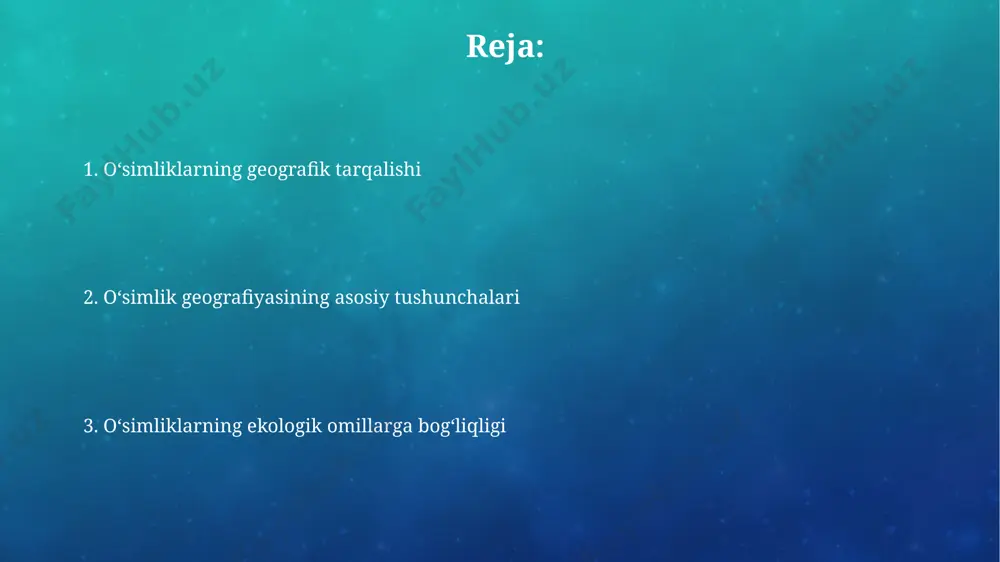 oiti hukm surishi bilan bogʻliq paleoklimatik oʻzgarishlarni koʻrsatadi. oʻsimliklar geografiyasining amaliy ahamiyati oʻsimliklar geografiyasi 150 dan ortiq davlatda oziq-ovqat xavfsizligini taʼminlashda muhim rol oʻynaydi, chunki u hosildorlikni oshirish va yangi ekinlarni tanlashda yordam beradi, masalan, qozogʻistondagi bugʻdoy yetishtirishni optimallashtirishda. oʻsimliklarning geografik tarqalishi toʻgʻrisidagi maʼlumotlar, 3000 dan ortiq oʻsimlik turining tabiiy yashash joylarini aniqlash orqali, dori-darmon oʻsimliklarini topish va ularni saqlash boʻyicha tadqiqotlar uchun asos boʻlib xizmat qiladi, masalan, hindistonning himoloy togʻlarida. oʻsimliklarning tarqalish omillari janubiy amerikadagi amazon oʻrmonining yomgʻirli iqlimi va boy tuproqlari 10 000 dan ortiq oʻsimlik turlarining xilma-xilligini qoʻllab-quvvatlaydi, ularning koʻpchiligi boshqa joylarda uchramaydi. dengiz sathidan 4000 metr balandlikdagi himoloy togʻlarida 1000 ga yaqin oʻsimlik turi uchraydi, ularning tarqalishi balandlik zonalari va iqlim sharoitlariga bogʻliq. biomlar va oʻsimlik zonalari o'simlik zonalari balandlikka bog'liq bo'lib, masalan, himoloy tog'larida 3000 metr balandlikda alp o'tloqlari, 5000 metrdan yuqori esa muzliklar mavjud. biomlar, masalan, amazon o'rmoni yoki sahroi kabirdagi cho'llar, 5 ta …
