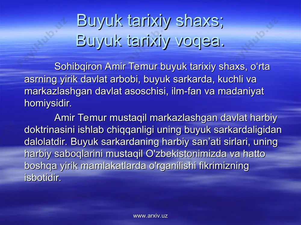 ning e`tiborli beklaridan hisoblangan. uning ajdodlari esa chig‘atoy saroyi mulozimlari qatoridan o‘rin tutgan. ular kesh va nasaf viloyatida o‘z mulklariga ega bo‘lgan va bu yurtda hokimlik qilgan. shu boisdan amir temurning otasi amir tarag‘aybek ham yilda bir marotaba ili daryosi bo‘yida xon tomonidan chaqiriladigan el-yurt bek va biylarining umum qurultoyiga taklif etilar va bunday yig‘inlarda qatnashardi. amir temurning yoshligi ona yurti keshda kechdi. yetti yoshga to‘lgach, otasi uni o‘qishga beradi. www.arxiv.uz www.arxiv.uz u yoshlik chog‘laridanoq chavandozlik va ovga ishqiboz bo‘lib, kamondan nishonga o‘q uzish, ot choptirish turli mashq va harbiy o‘yinlar bilan mashg‘ul bo‘lishni yoqtirar edi. shu asnoda amir temur tulporlarni saralab ajrata oladigan mohir chavandoz va dovyurak bahodir sifatida voyaga yetadi. uning atrofida bolalikdagi do‘stlari va maktabdoshlari to‘planishib, birgalikda mashq qilar, musobaqalarda ishtirok etishar, asta-sekin navkar bo‘lishib, harbiy guruhga birlashib shakllana borishadi. bu guruh orasida abbos bahodir, jahon shohbek, kimori inoq, sulaymon shohbek, sayfuddinbek va boshqalar bo‘lgan. keyinchalik ular …