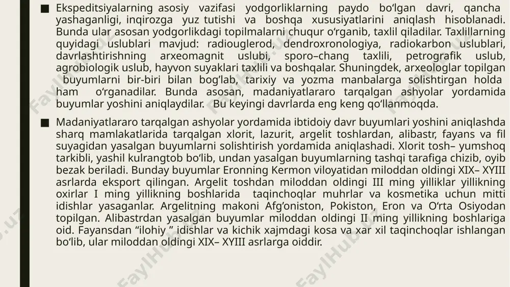 mustamlakasi davri. 2.sovet davri. 3. o‘zbekiston mustaqilligi davri va har bir davrga to‘liq ta’rif berib o‘tadi. mustaqillikning dastlabki davrlarida arxeologik tadqiqot ishlari birmuncha to‘xtaganday bo‘ldi. lekin vazirlar mahkamasining 1998 yilda tarix instituti faoliyatini takomillashtirishga qaratilgan ishlari natijasida va buyuk ipak yo‘li tarixining keng tadqiq qilinishi yuzasidan olib borilgan ishlar natijasida yana arxeologik tadqiqot ishlari jonlanib ketdi. ayniqsa xorijiy davlatlar bilan olib borilayotgan hamkorlik yanada samarali bo‘lmoqda. ular arxeologik ekspeditsiyalarni nafaqat moddiy, balki texnikaning keyingi davr yutuqlari bilan ham qurollantirib, mashaqqatli arxeologik tadqiqot ishlarini yengillashtirib, qadimiy moddiy buyumlarning analiz jarayonlariga ham yanada aniqliq kiritishiga ko‘p imkoniyatlar yaratishda yaqindan yordam ko‘rsatib kelishmoqda. jumladan, yaponiya, germaniya, frantsiya, avstraliya, rossiyadan kelgan olimlarning xizmatlarini ko‘rsatib o‘tish mumkin. sopollitepa va jarqo‘ton yodgorligida keyingi davrlarda o‘zbek–german baqtriya ekspeditsiyasi tadqiqot ishlarini olib bordi. ular jarqo‘ton yodgorligining yoshini aniqlashda 23 radiokarbon analizi o‘tkazdilar. radiokarbon analizlar germaniya arxeologiya instituti yevroosiyo bo‘limi qoshidagi laboratoriyada amalga oshirildi. mazkur otryad a’zolaridan mayk toyfer …